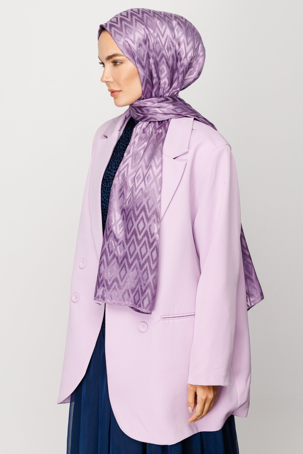 Karo Pattern Shiny Jacquard Shawl - Lavender