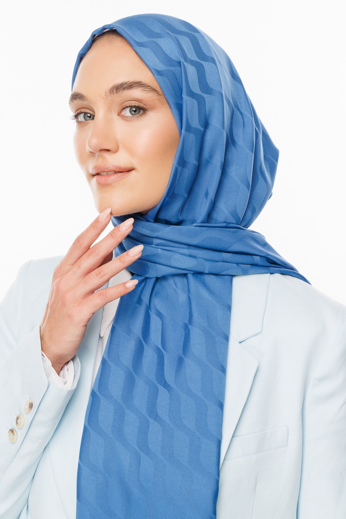 Wave Pattern Silky Jacquard Shawl - İndigo