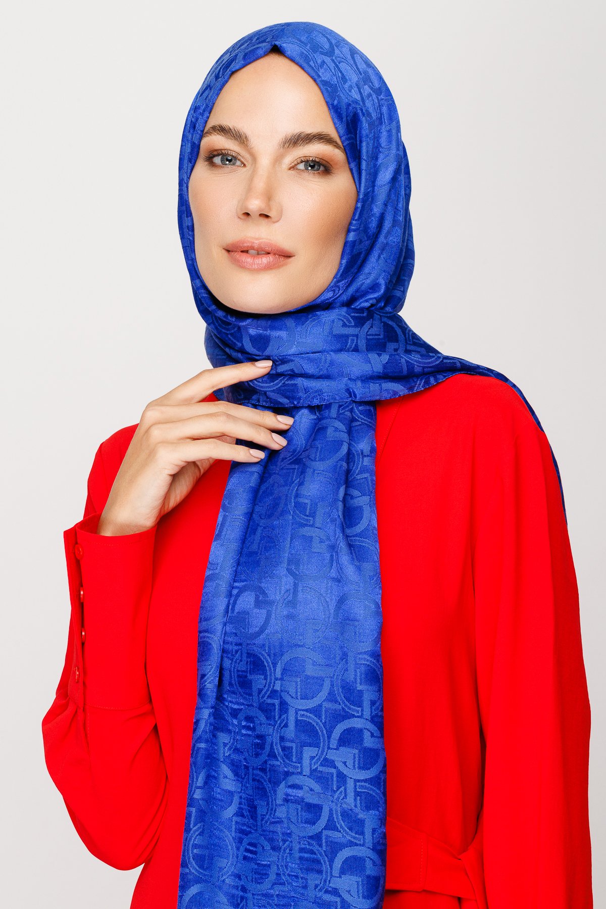 Longar Pattern Shiny Jacquard Shawl - Sax Blue