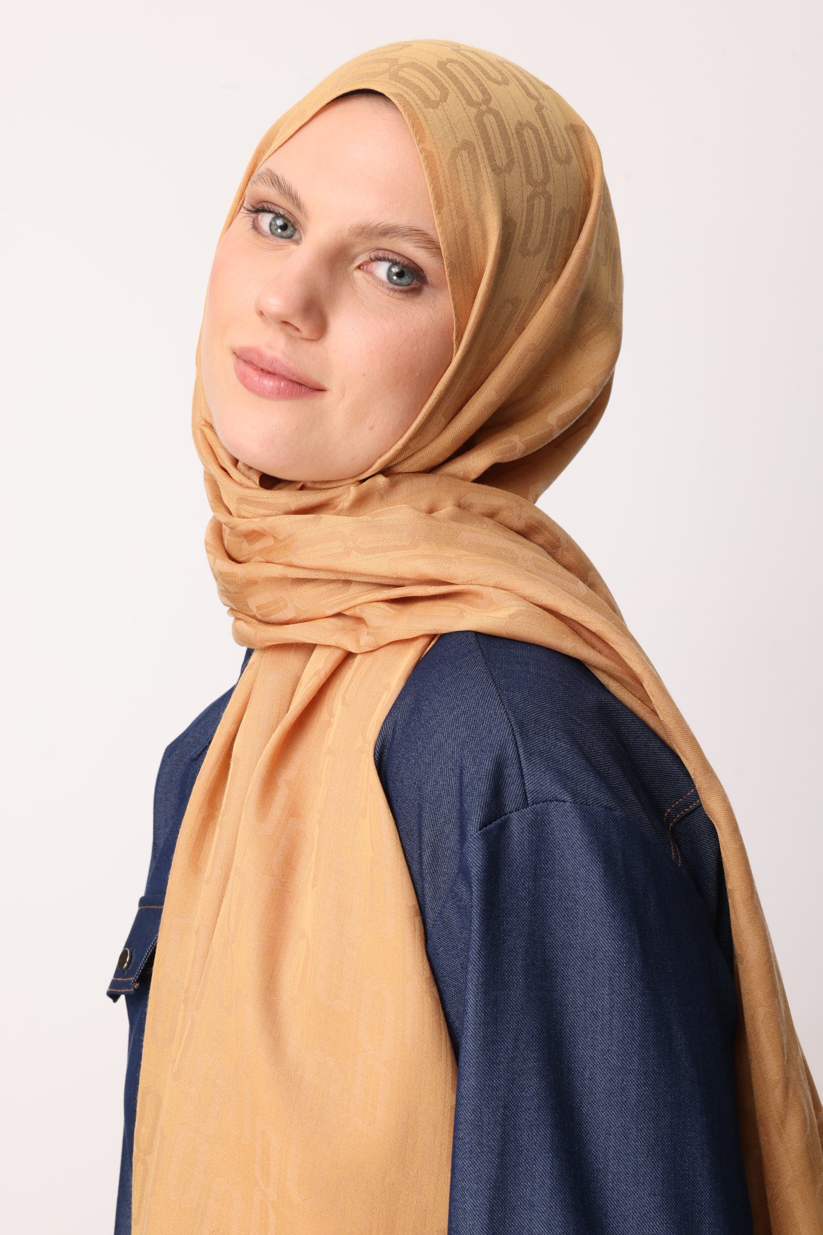 Chain Pattern Cotton Jacquard Shawl - Mustard