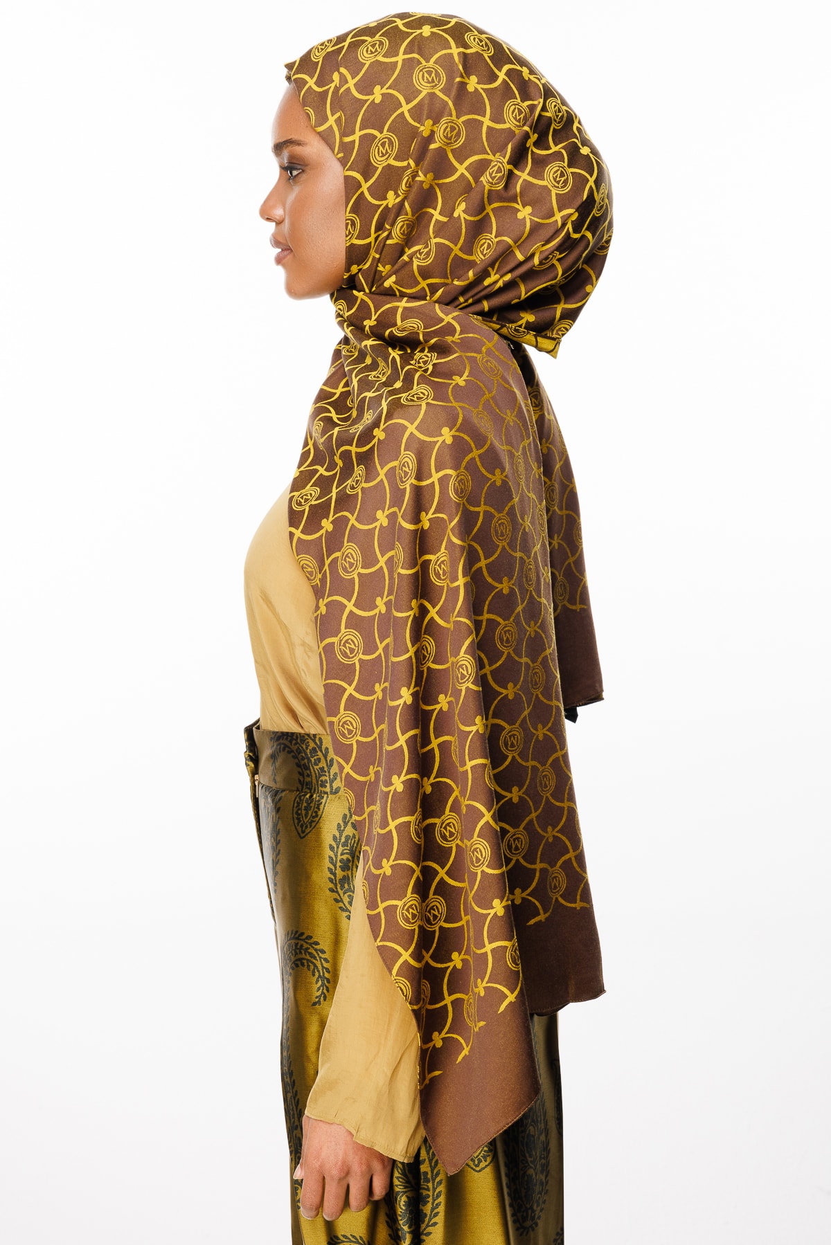 Marrakech-Pattern Reversible Shawl - Bitter Coffee-Mustard