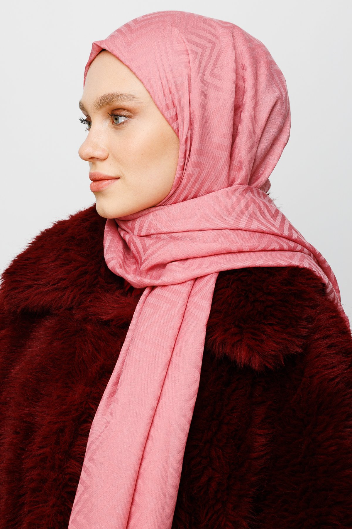 Zigzag Pattern Cotton Jacquard Shawl - Pink