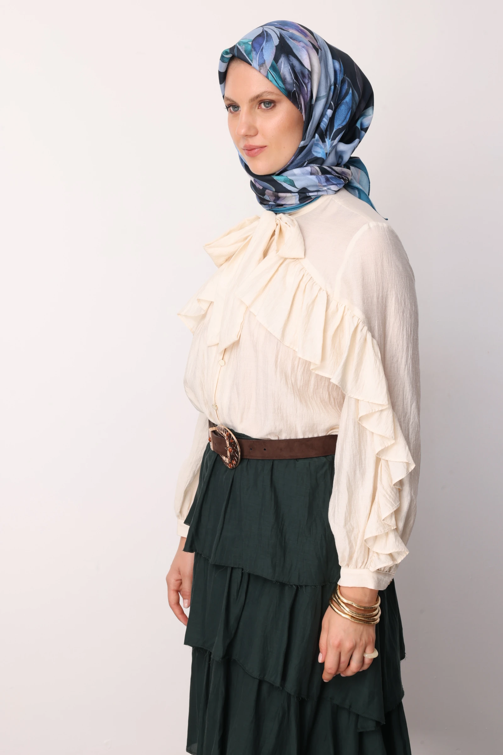 Lorya Desen Pamuk Eşarp - Petrol Mavisi