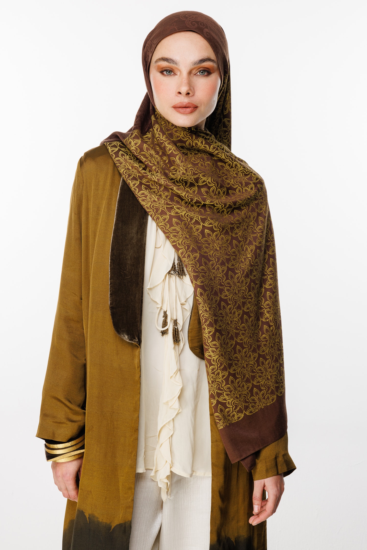 Nora-Pattern Reversible Shawl - Bitter Coffee-Salmon