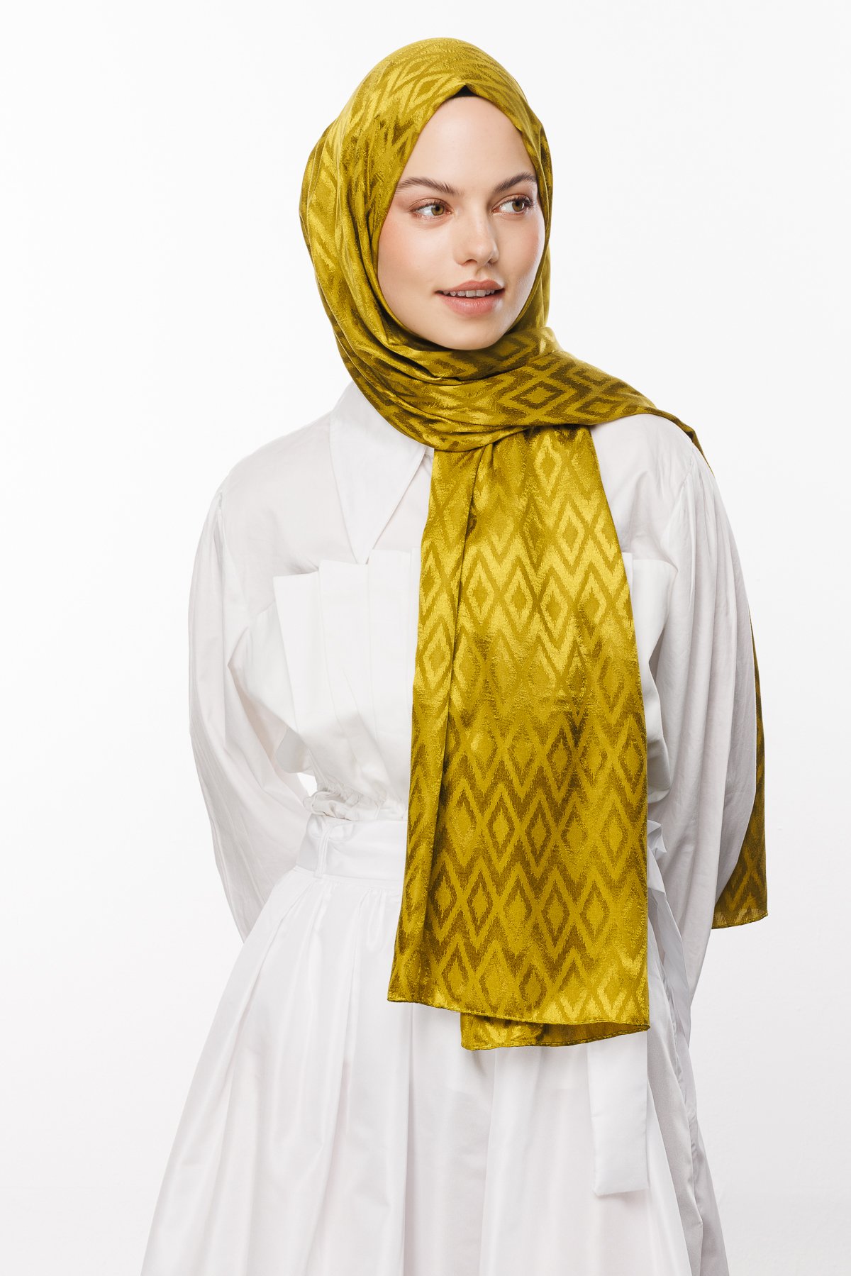 Karo Pattern Shiny Jacquard Shawl - Olive Green