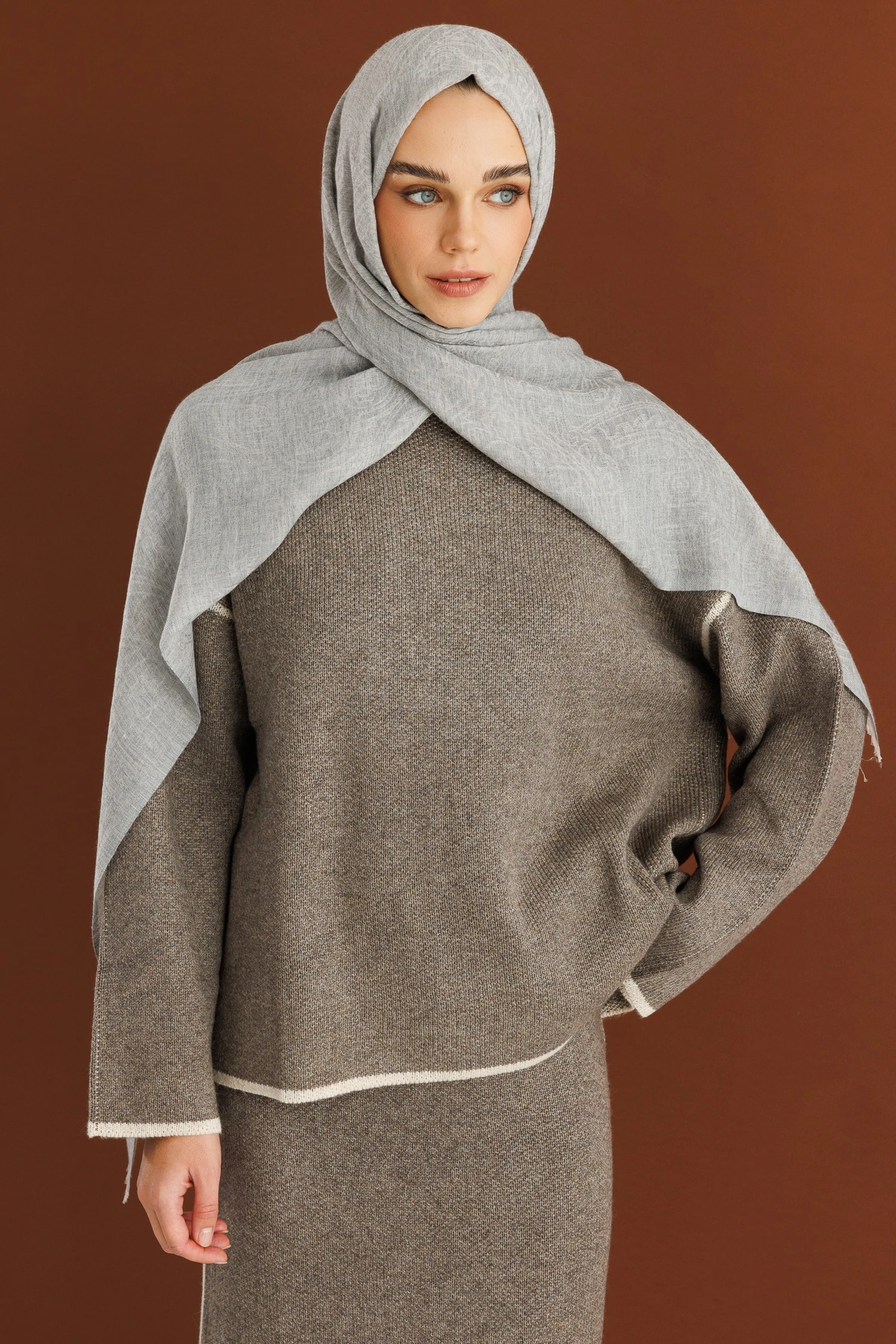 Rumi Desen Yün Kaşmir Şal - Grey