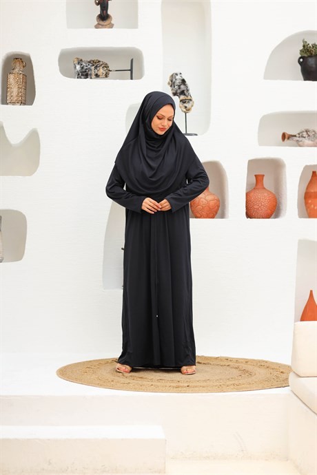Kadın Siyah Tek Parça Fermuarlı Pratik Namaz Elbisesi