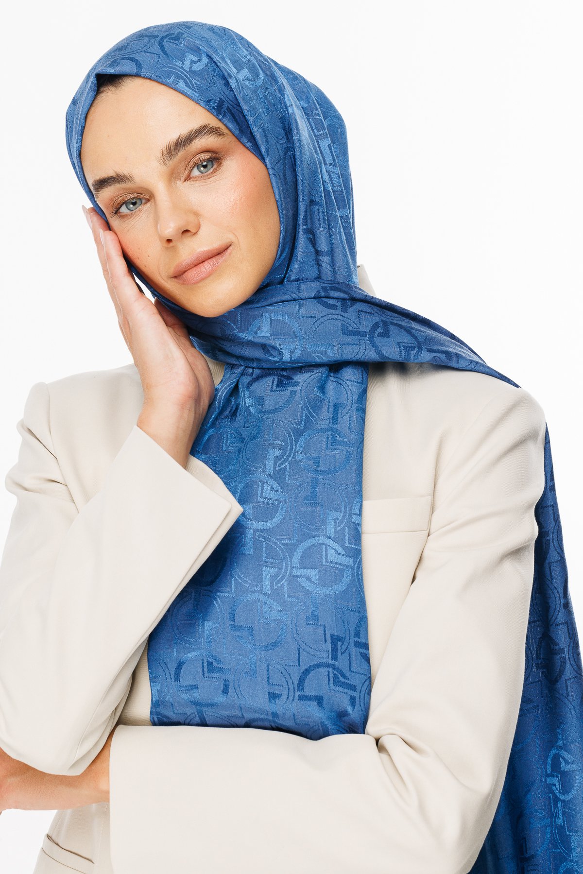 Longar Pattern Shiny Jacquard Shawl - İndigo