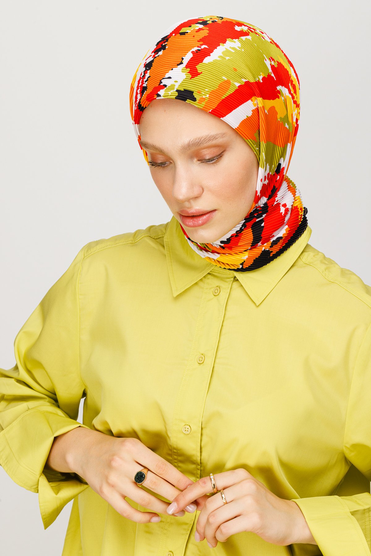 Batik Pattern Pleated Scarf - Turuncu