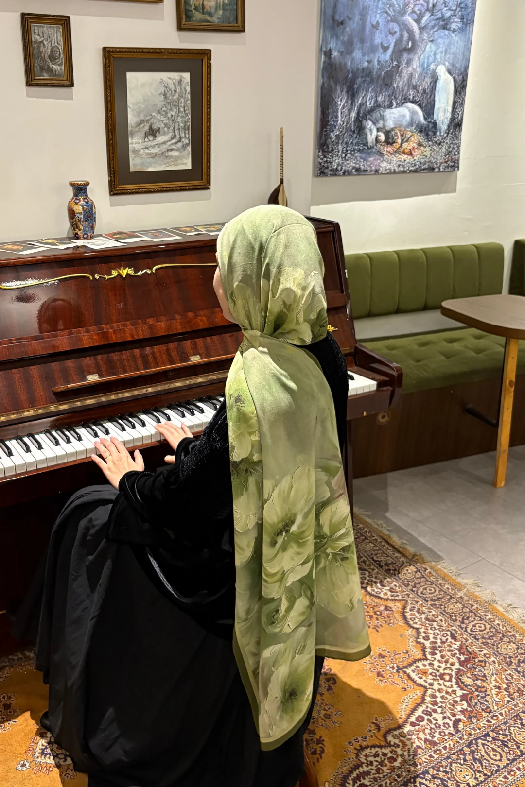 Rose Desen Hebei İpek Şal - Yeşil