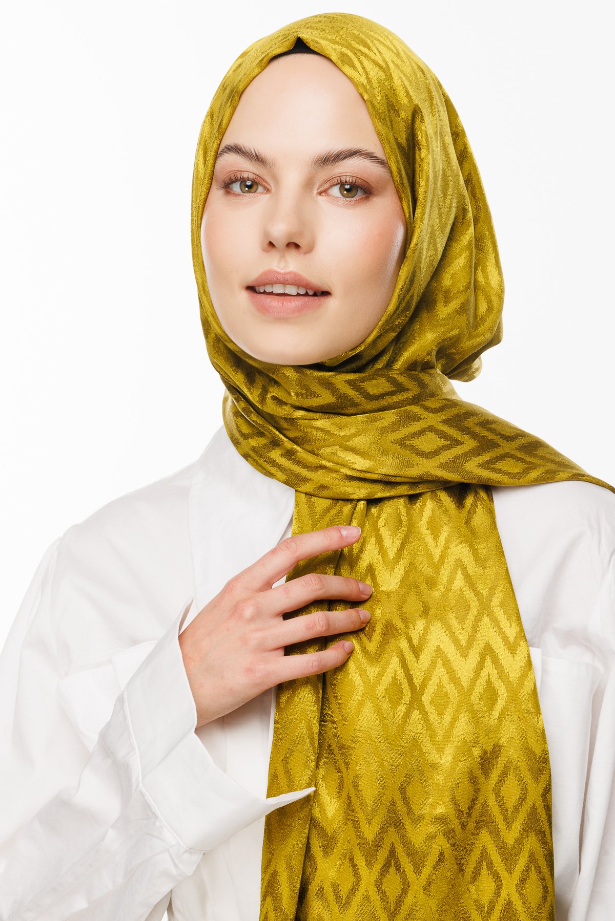 Karo Pattern Shiny Jacquard Shawl - Olive Green