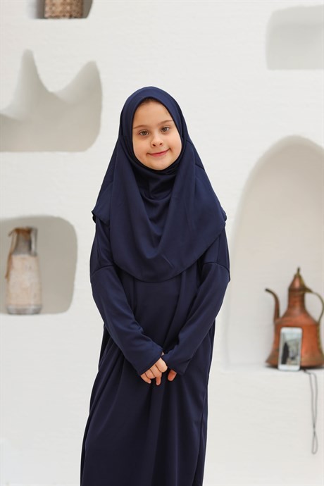 Küçük Boy Kız Tesettür Lacivert Tek Parça Pratik Namaz Elbisesi