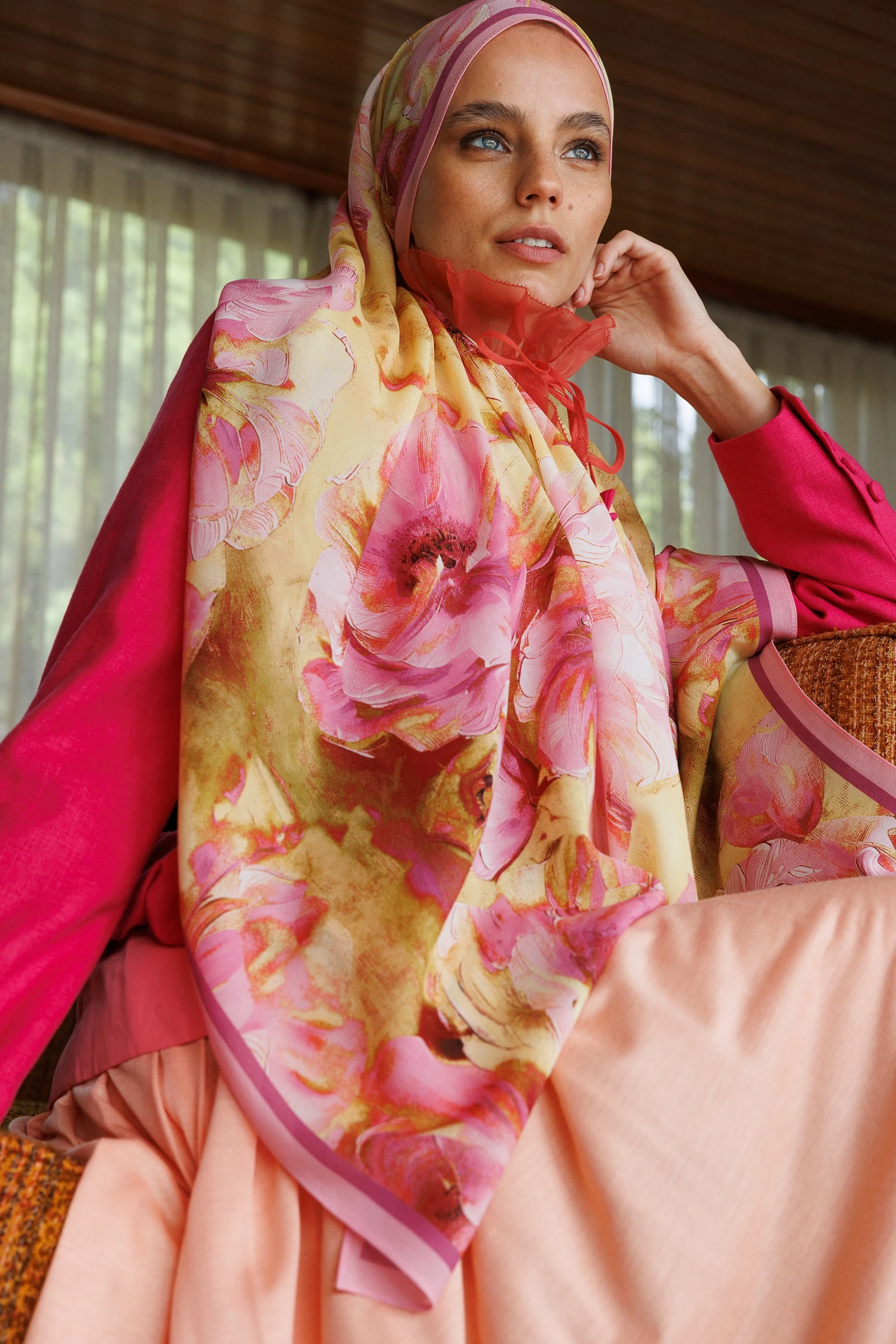 Rose Desen Hebei İpek Şal - Pembe