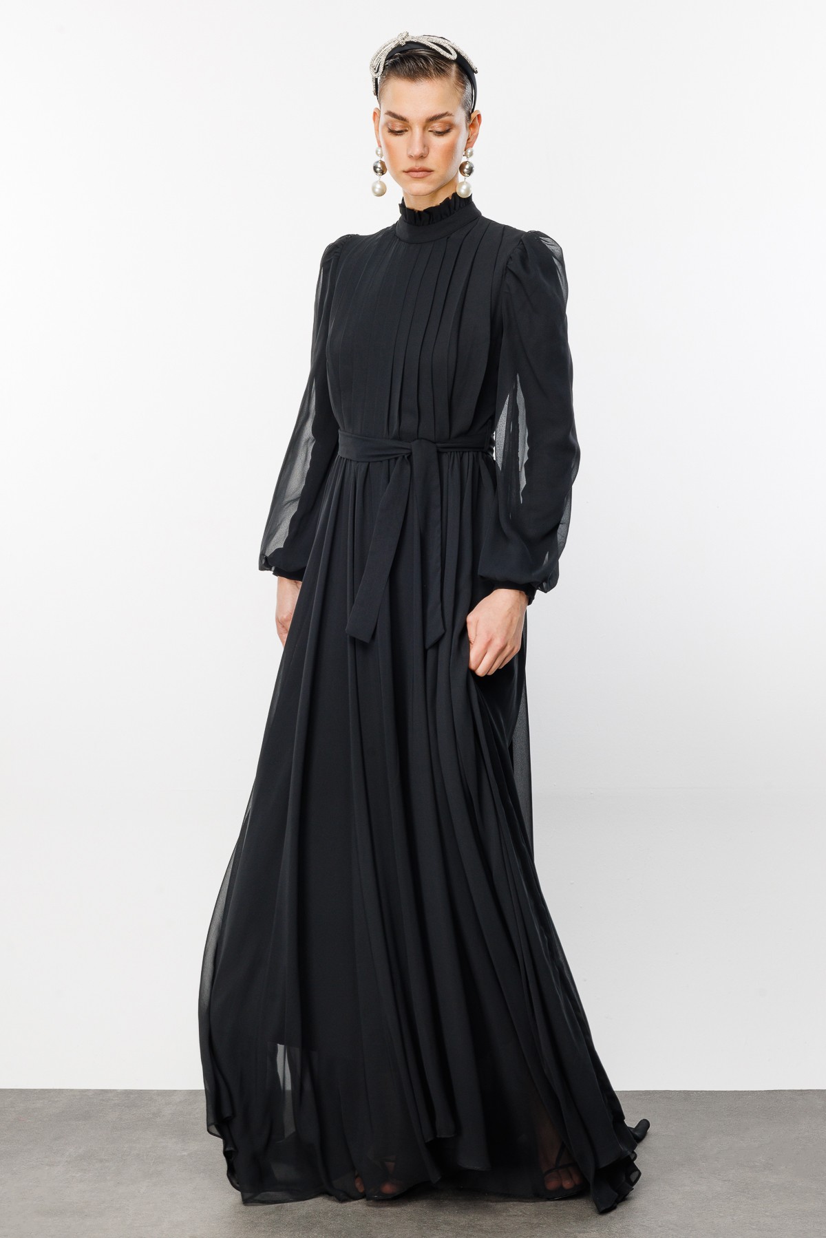 Pleated Organza Dress - Black