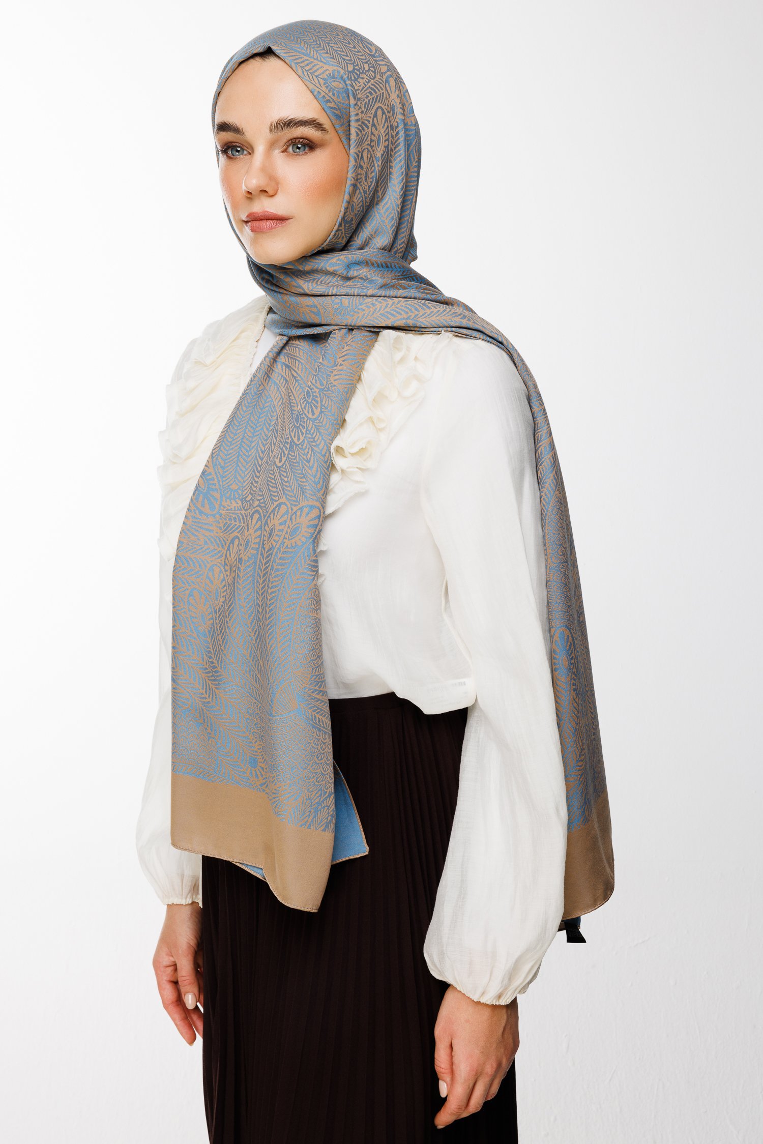 Mayra Pattern Double-Sided Shawl - Mink-Turquoise