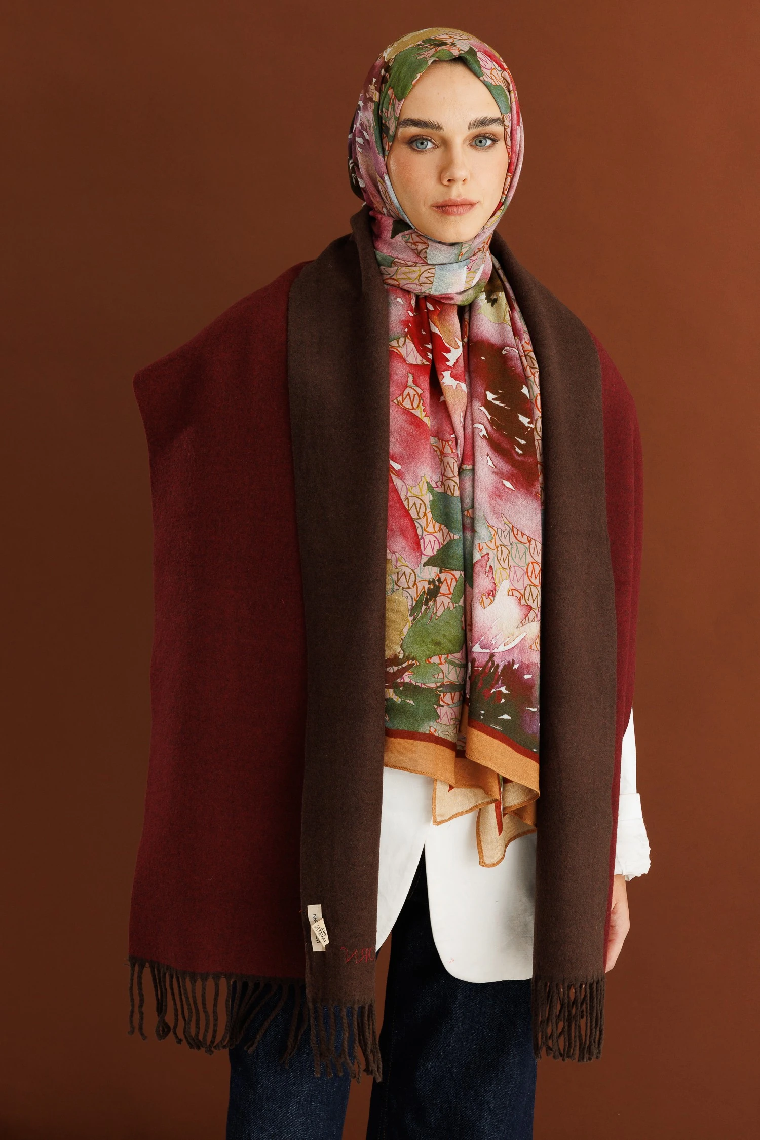 Çift Taraflı Yün Atkı - Acı Kahve Bordo