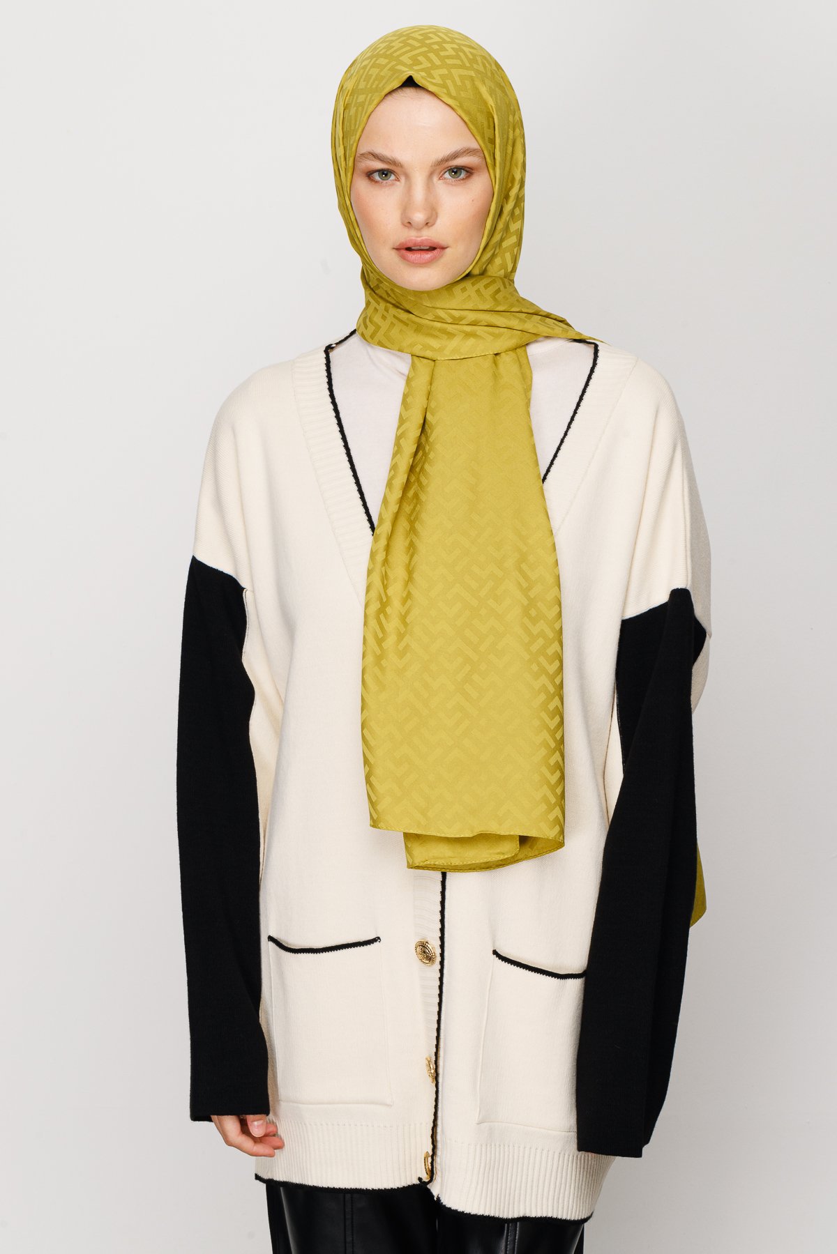 Z Pattern Silky Jacquard Shawl - Olive Green