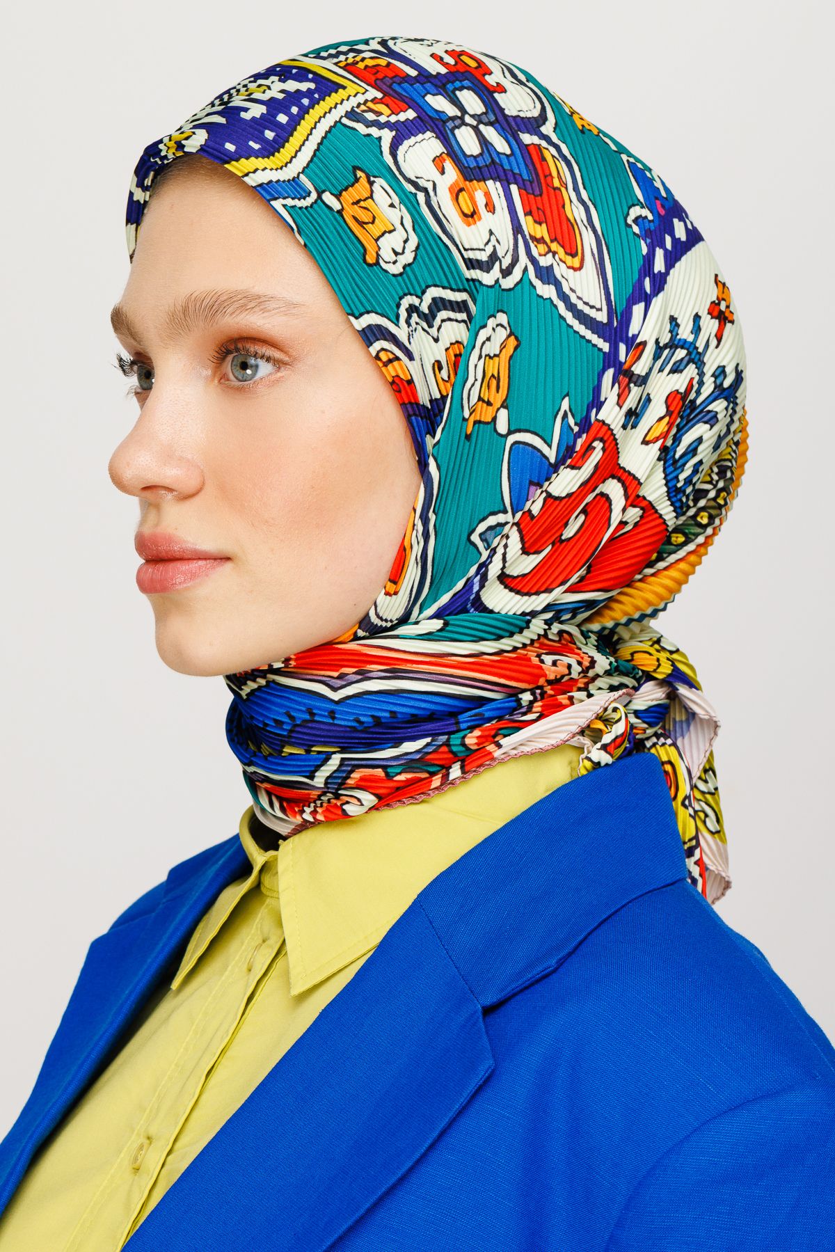 40 Patch Pattern Pleated Scarf - Turquoise