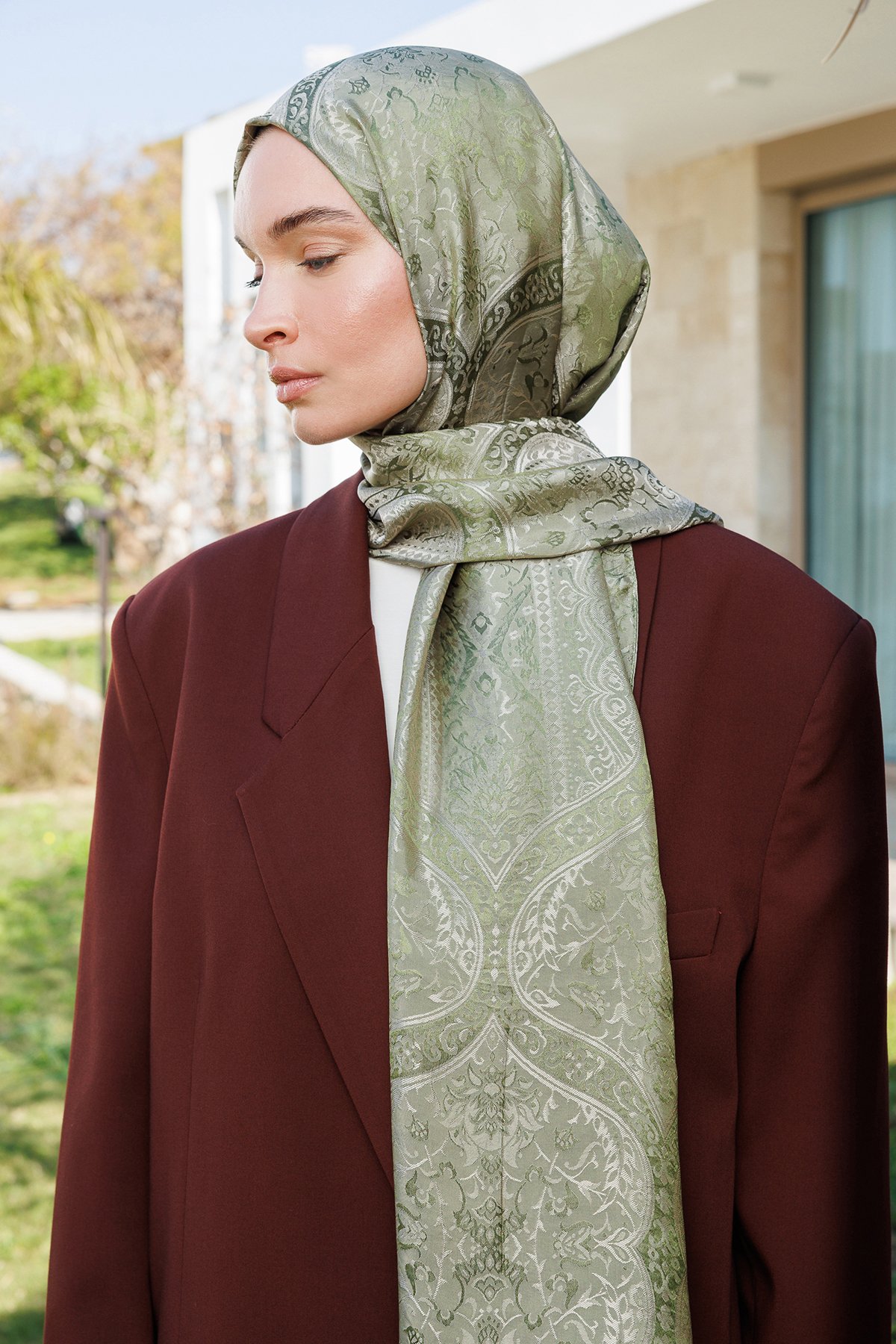Shline Line Viscose Shawl - Khaki-Salmon