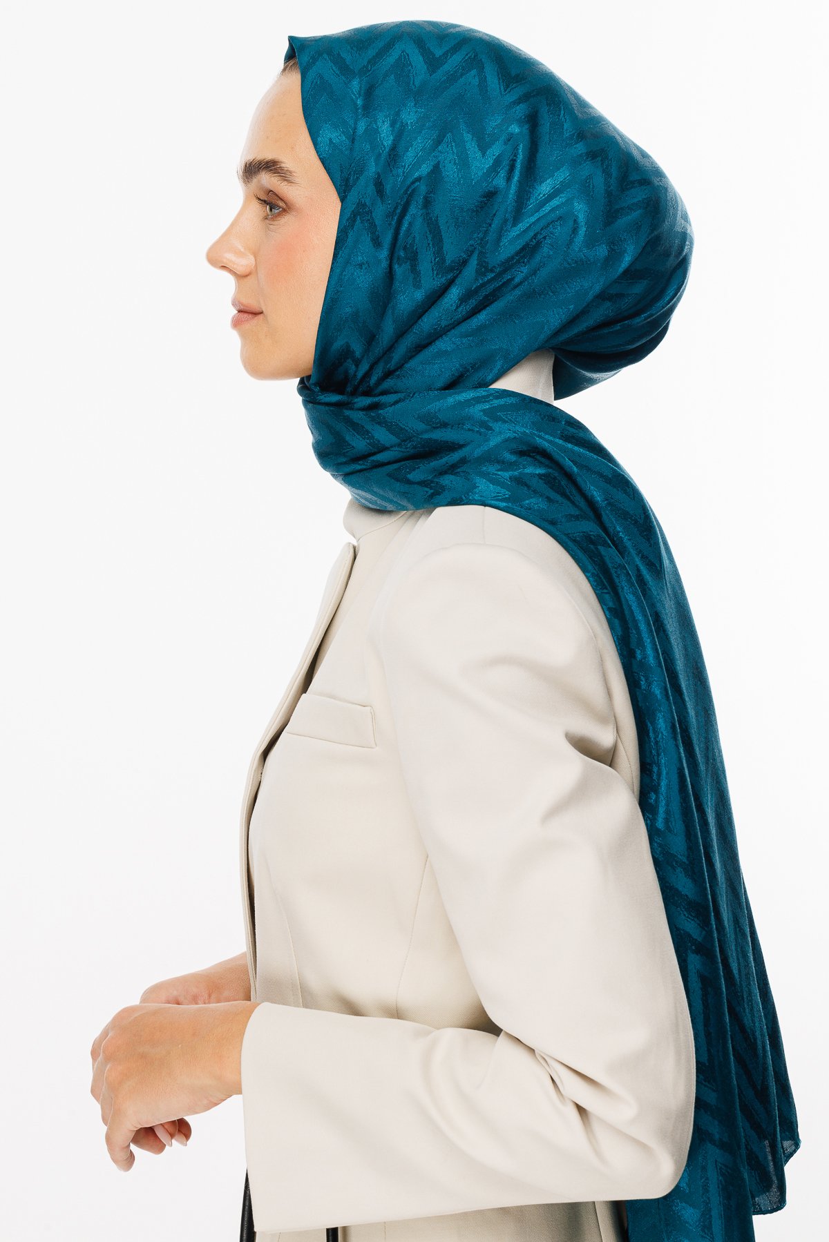 Zigzag Pattern Shiny Jacquard Shawl - Petrol blue