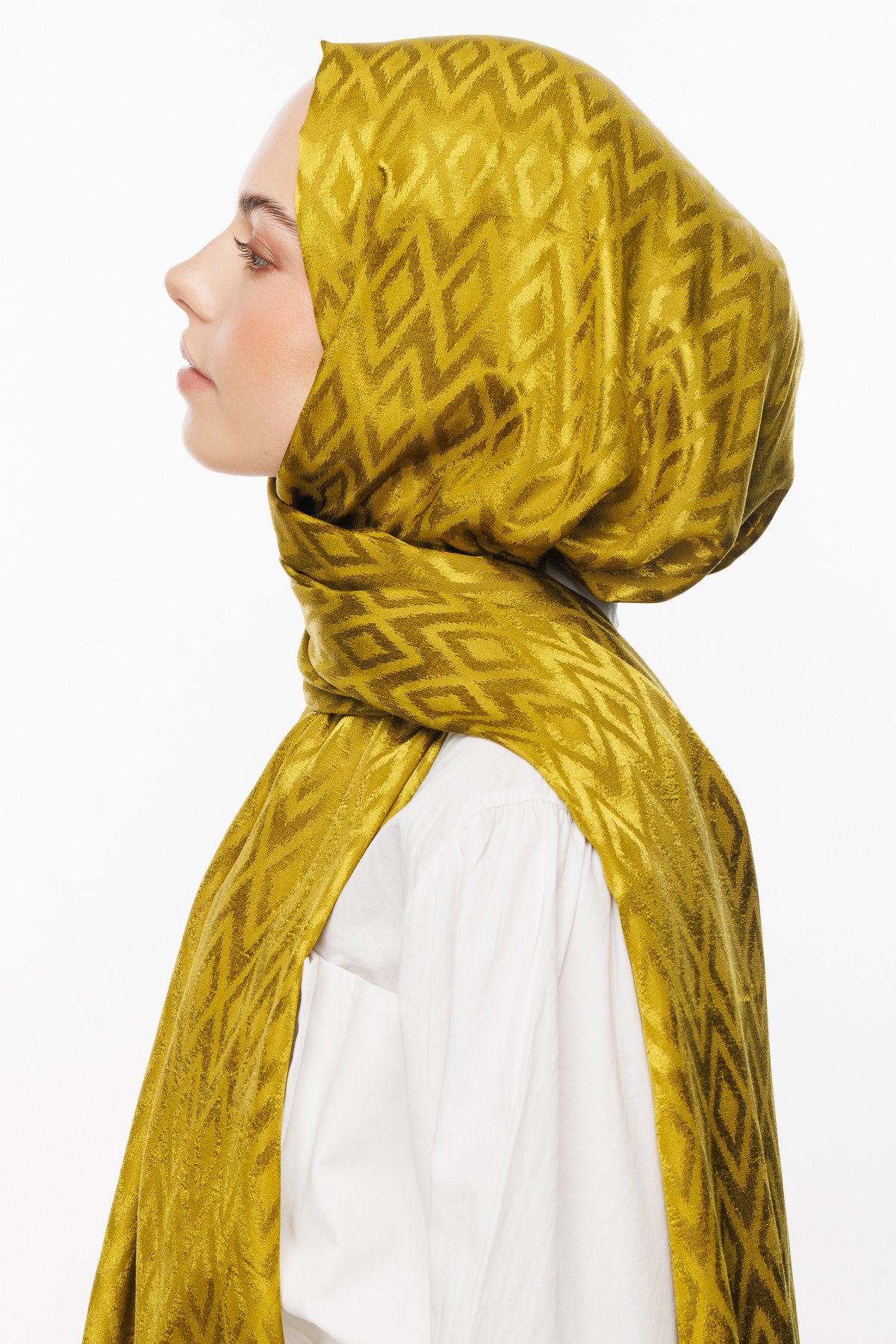 Karo Pattern Shiny Jacquard Shawl - Olive Green