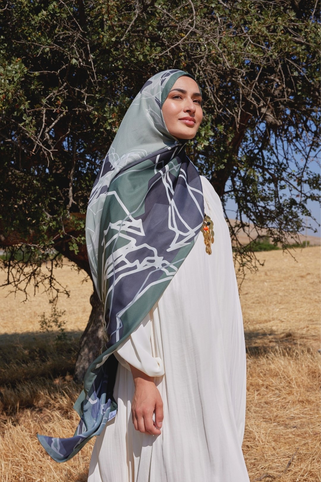Turna Desen Sakura İpek Şal - Khaki