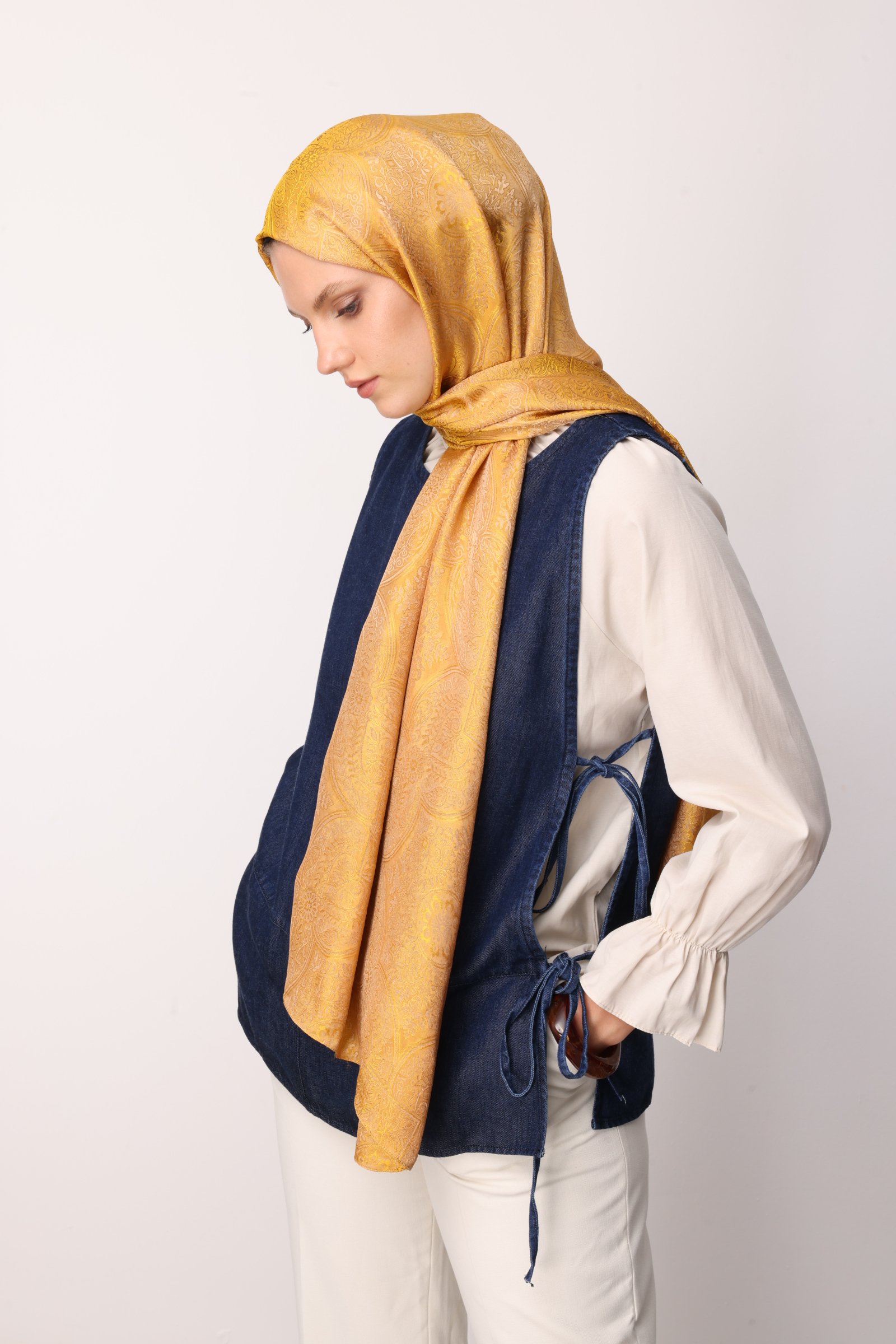 Shline Line Viscose Shawl - Mink-Mustard
