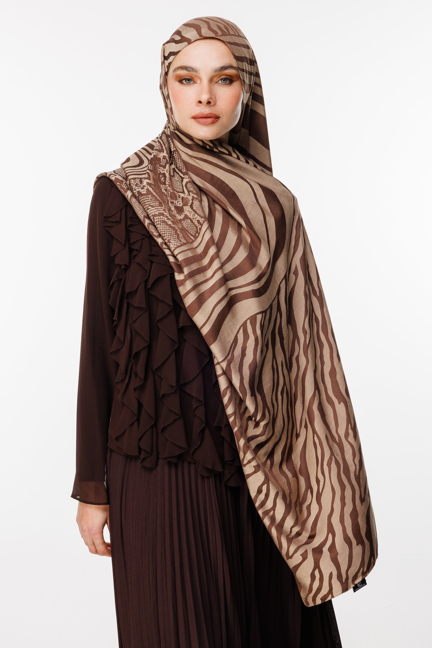 Riad-Pattern Reversible Shawl - Bitter Coffee-Beige