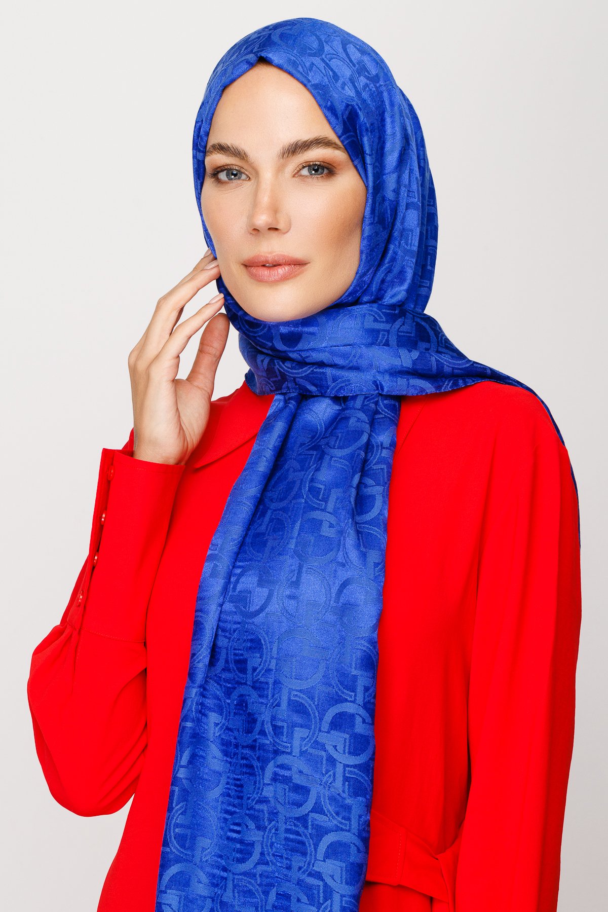 Longar Pattern Shiny Jacquard Shawl - Sax Blue