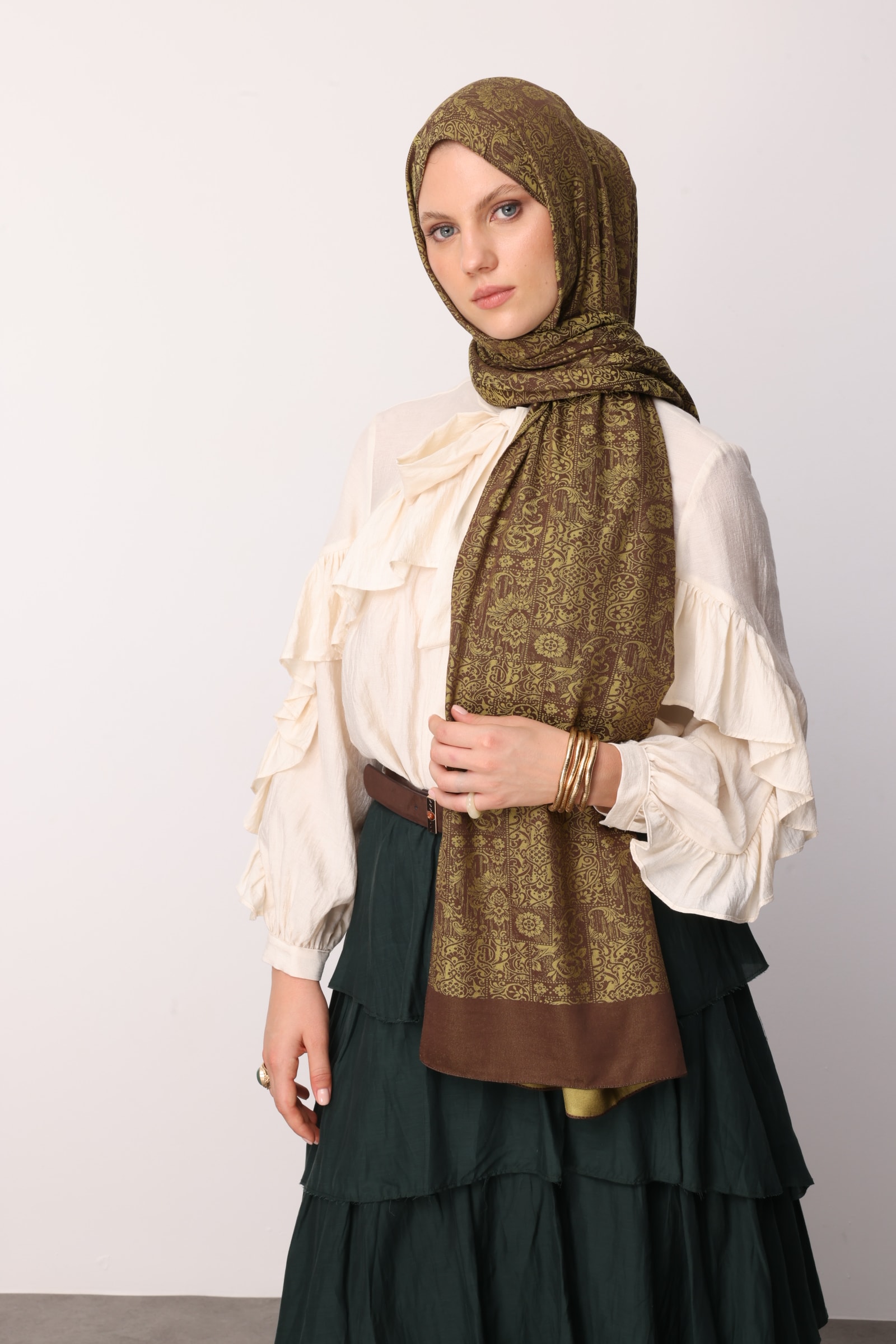Henna Desen Çift Taraflı Şal - Acı Kahve-Somon