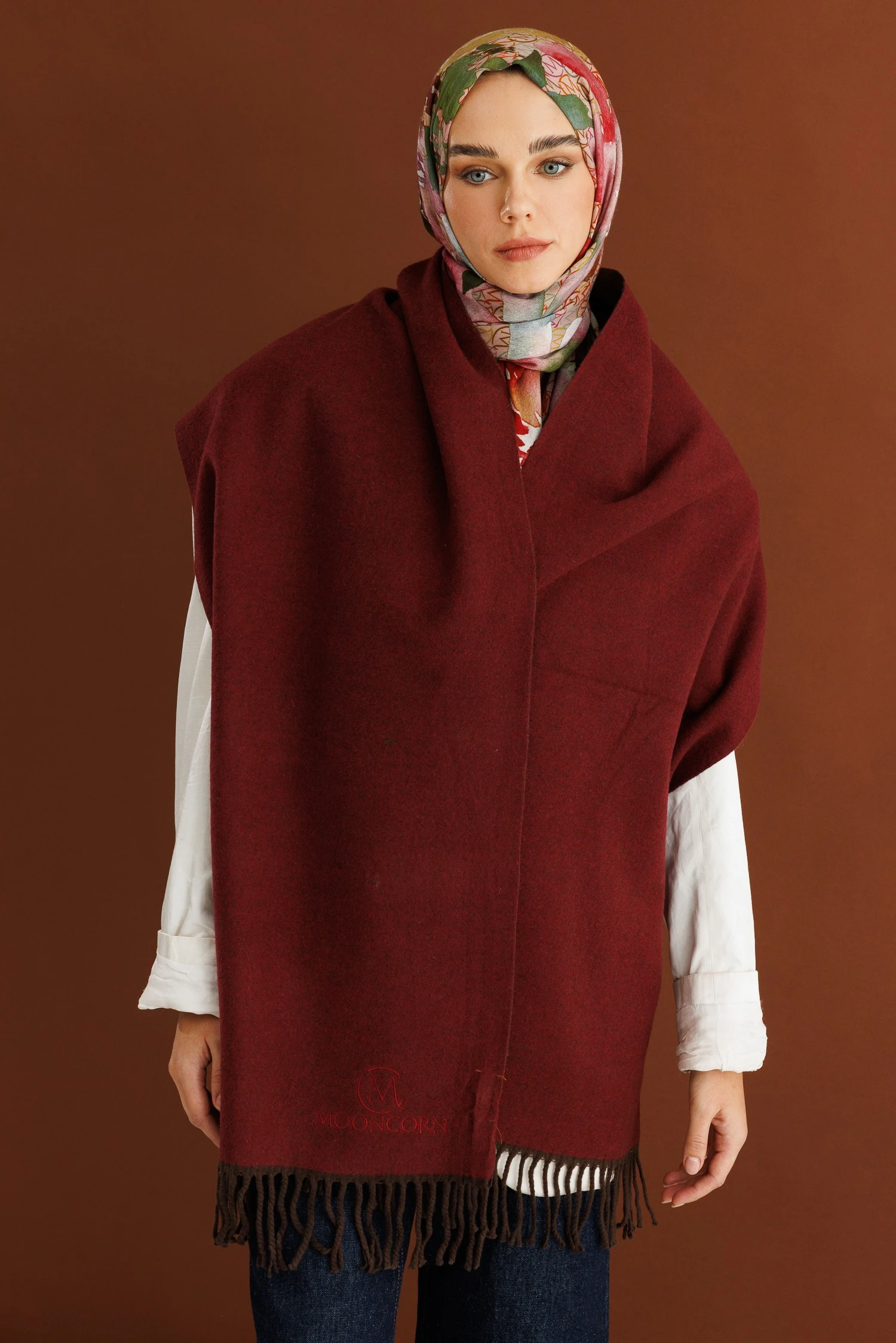 Çift Taraflı Yün Atkı - Acı Kahve Bordo