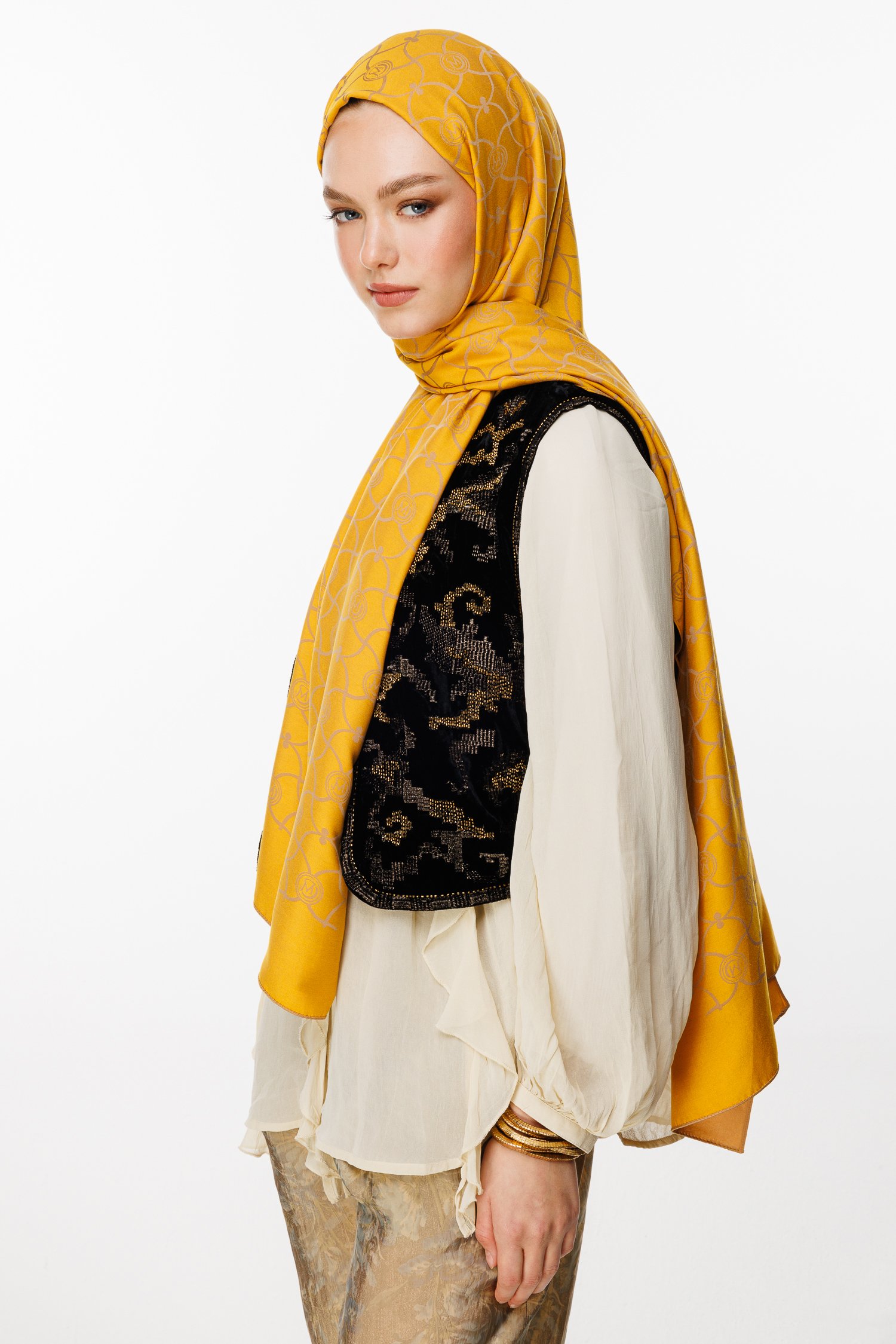 Marrakech Pattern Double-Sided Shawl - Mink-Mustard