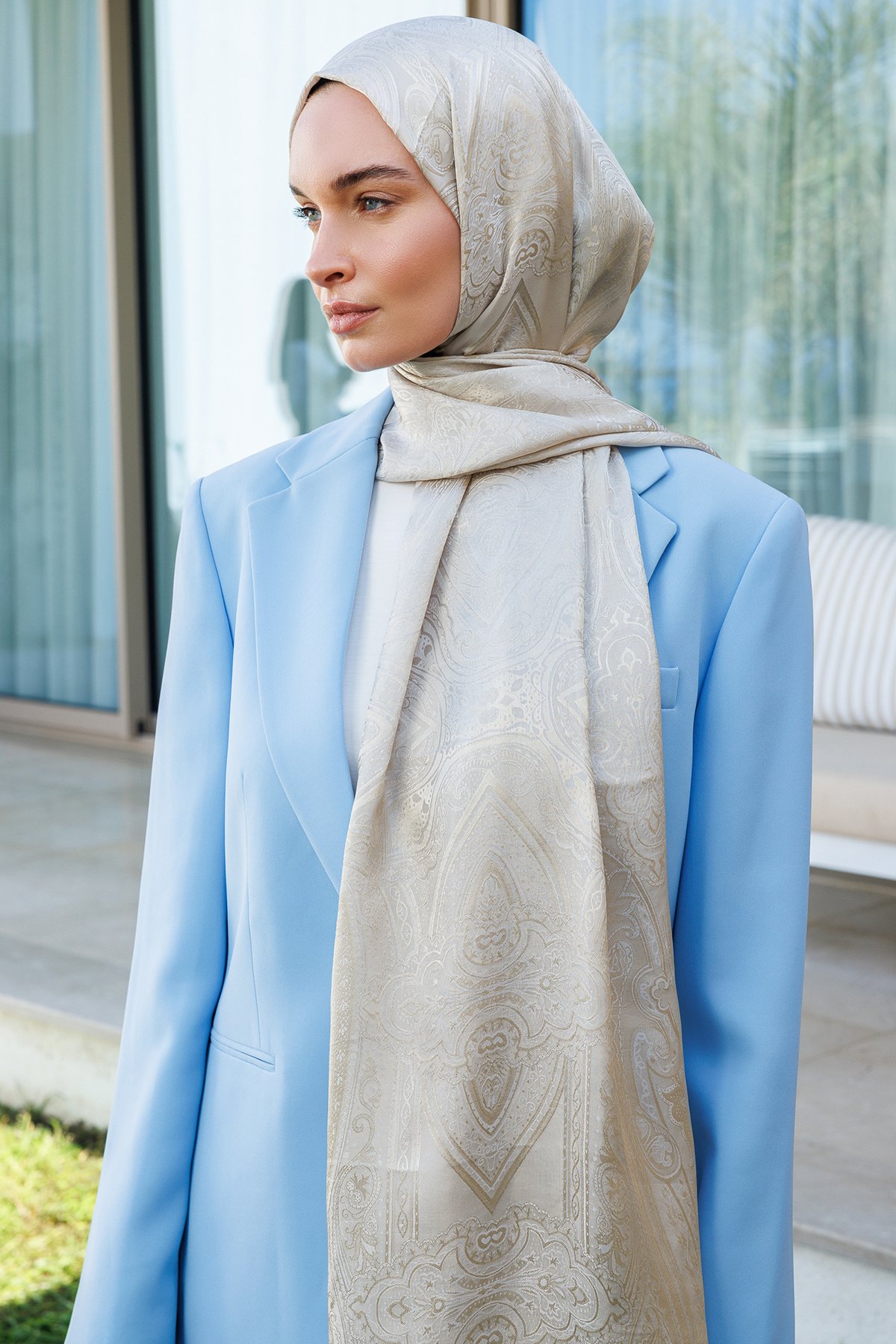 Liva Pattern Shine Line Shawl - Mink-Cağla