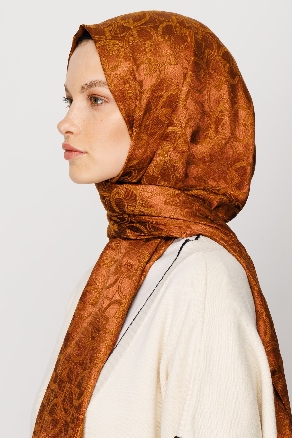 Longar Pattern Shiny Jacquard Shawl - Copper