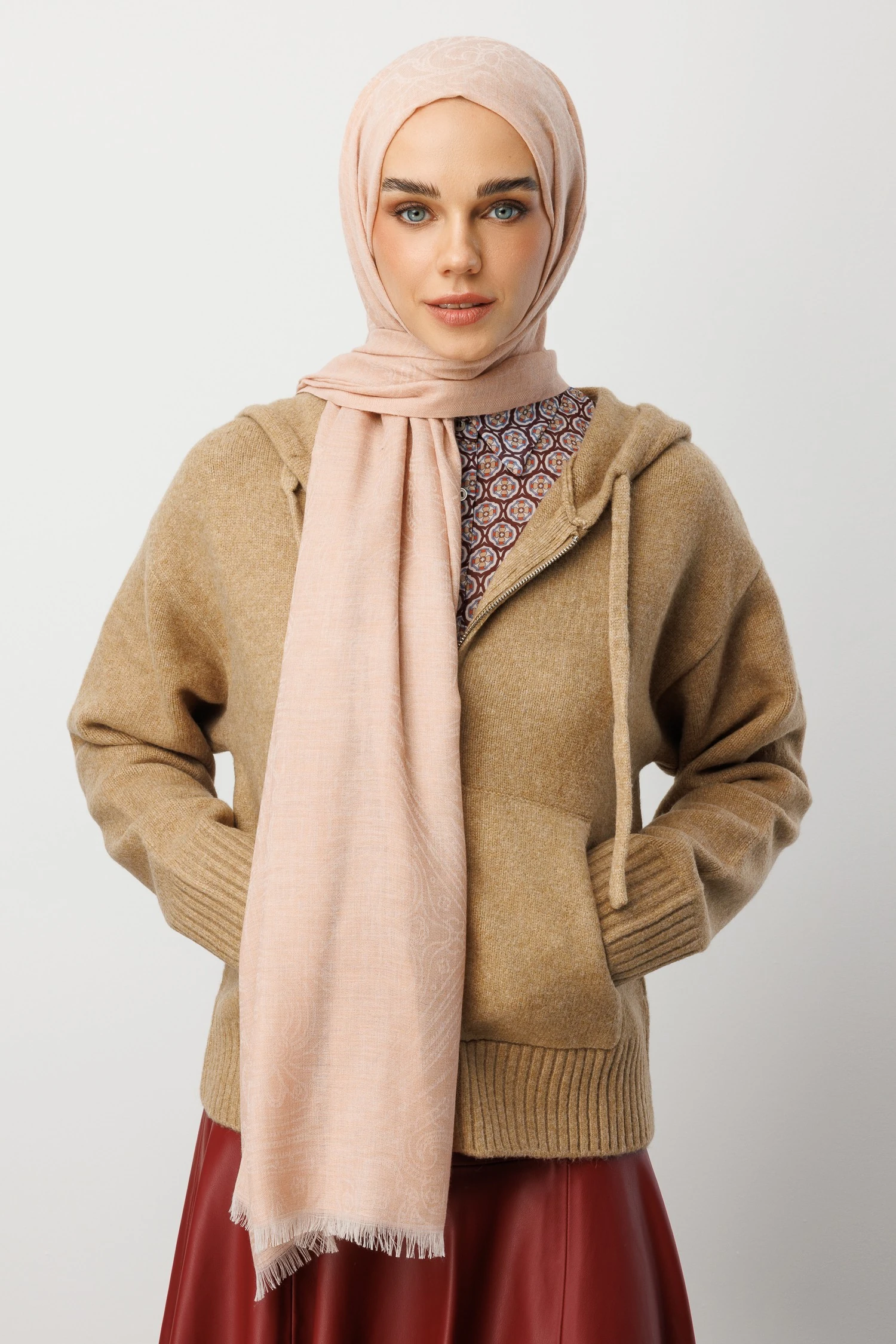 Rumi Desen Yün Kaşmir Şal - Powder