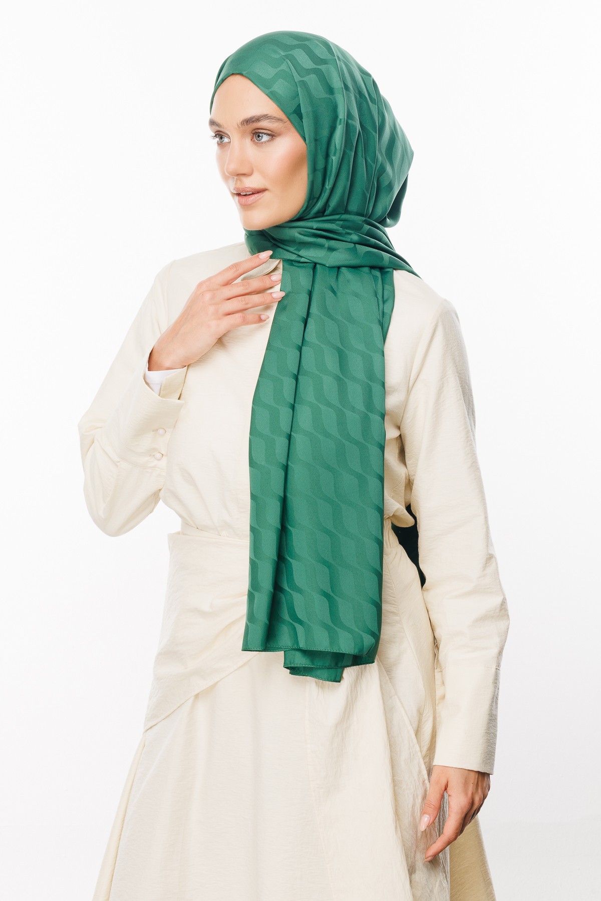 Wave Pattern Silky Jacquard Shawl - Jade