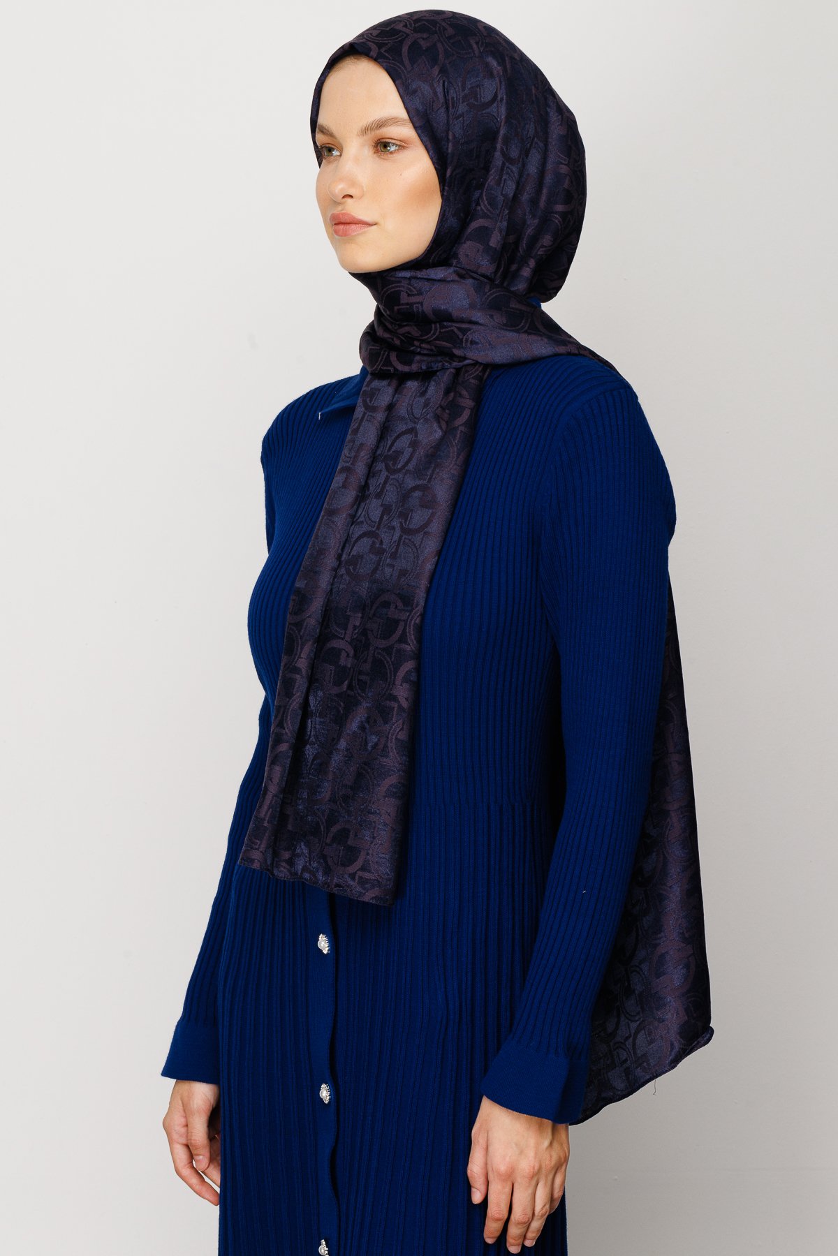Longar Pattern Shiny Jacquard Shawl - Navyblue
