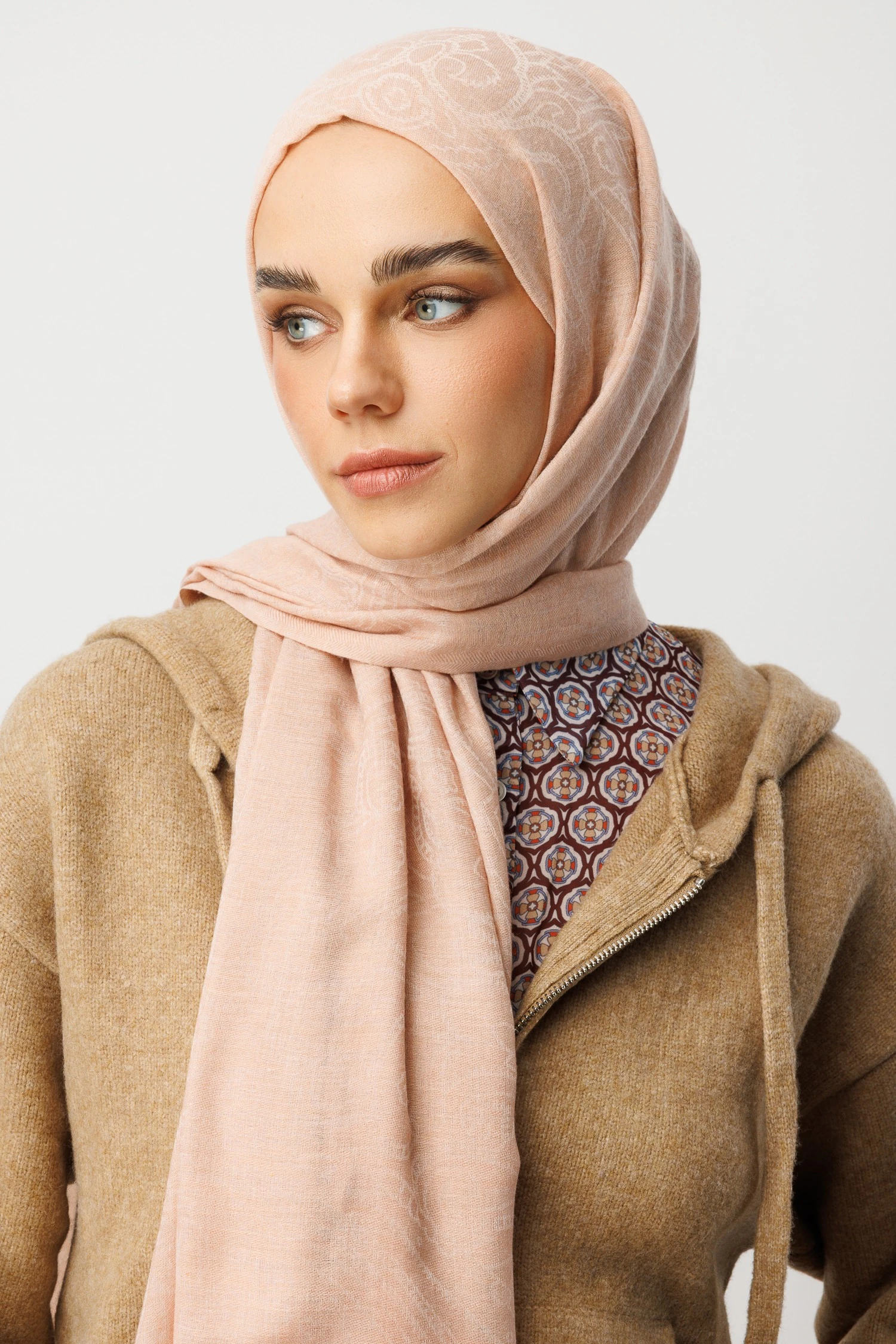 Rumi Desen Yün Kaşmir Şal - Powder