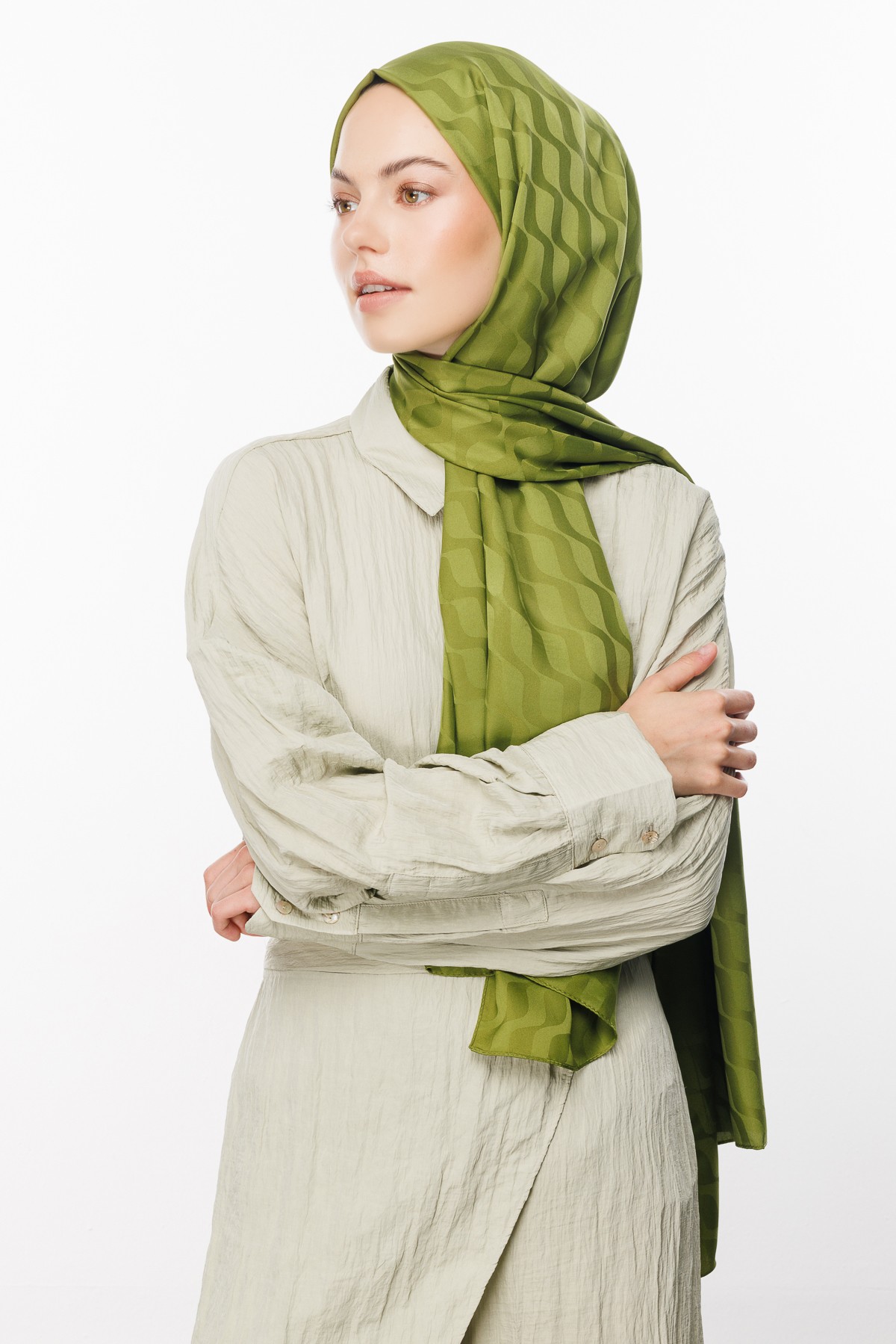 Wave Pattern Silky Jacquard Shawl - Moss