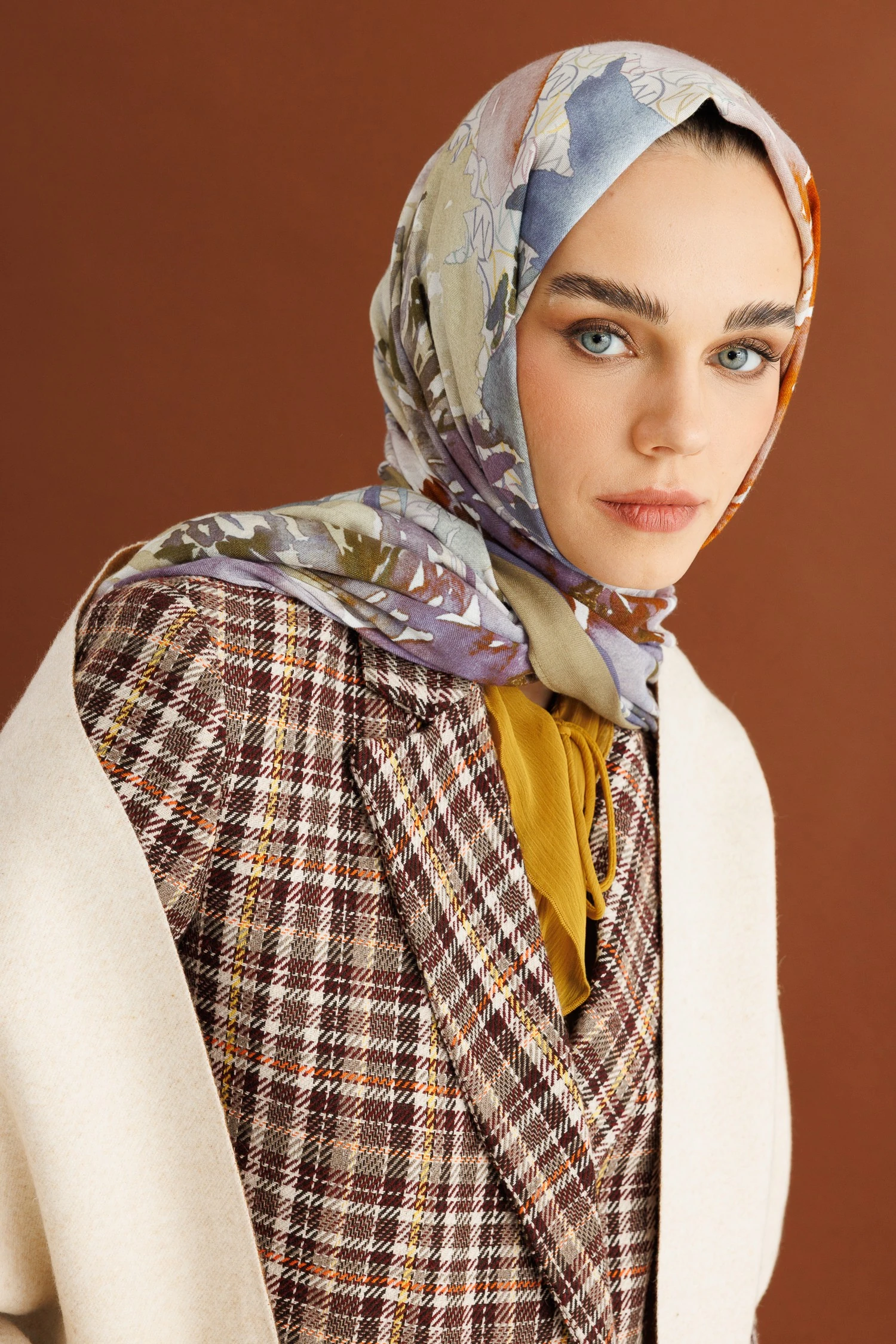 Çift Taraflı Yün Atkı - Hardal Krem