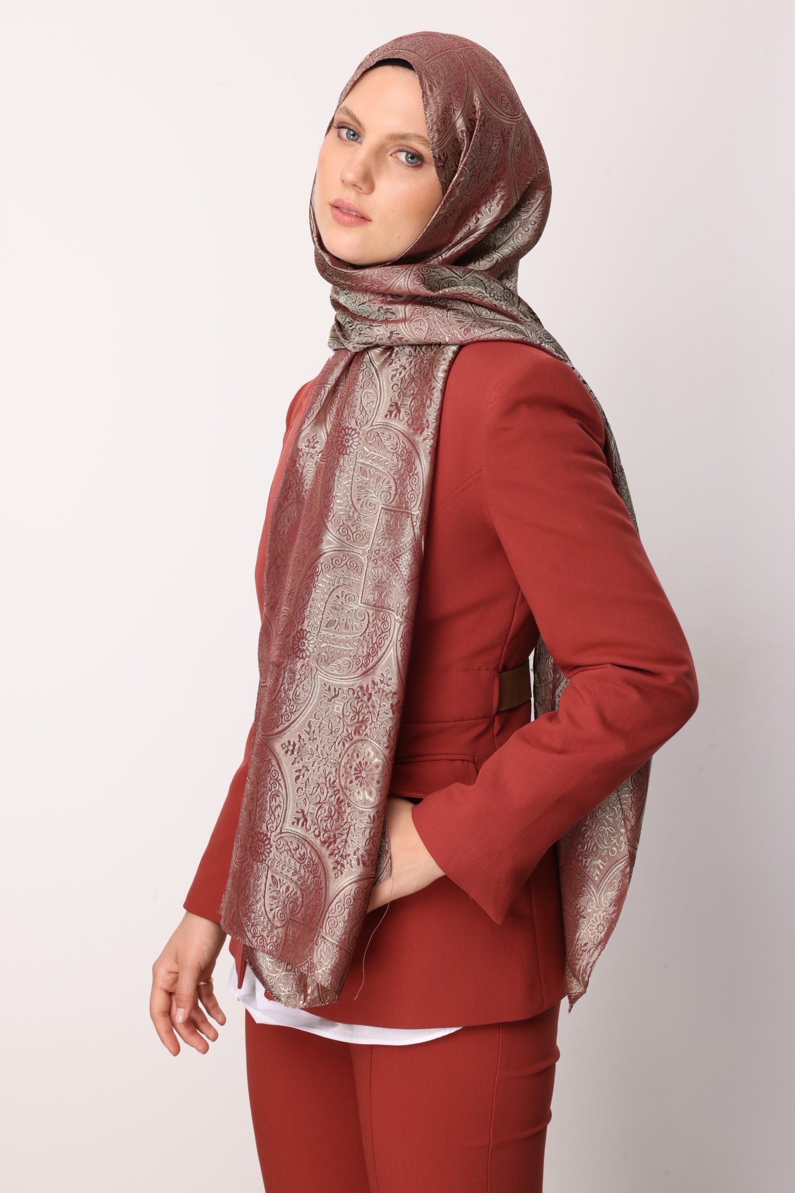 Shline Line Viscose Shawl - Elderberry-Salmon