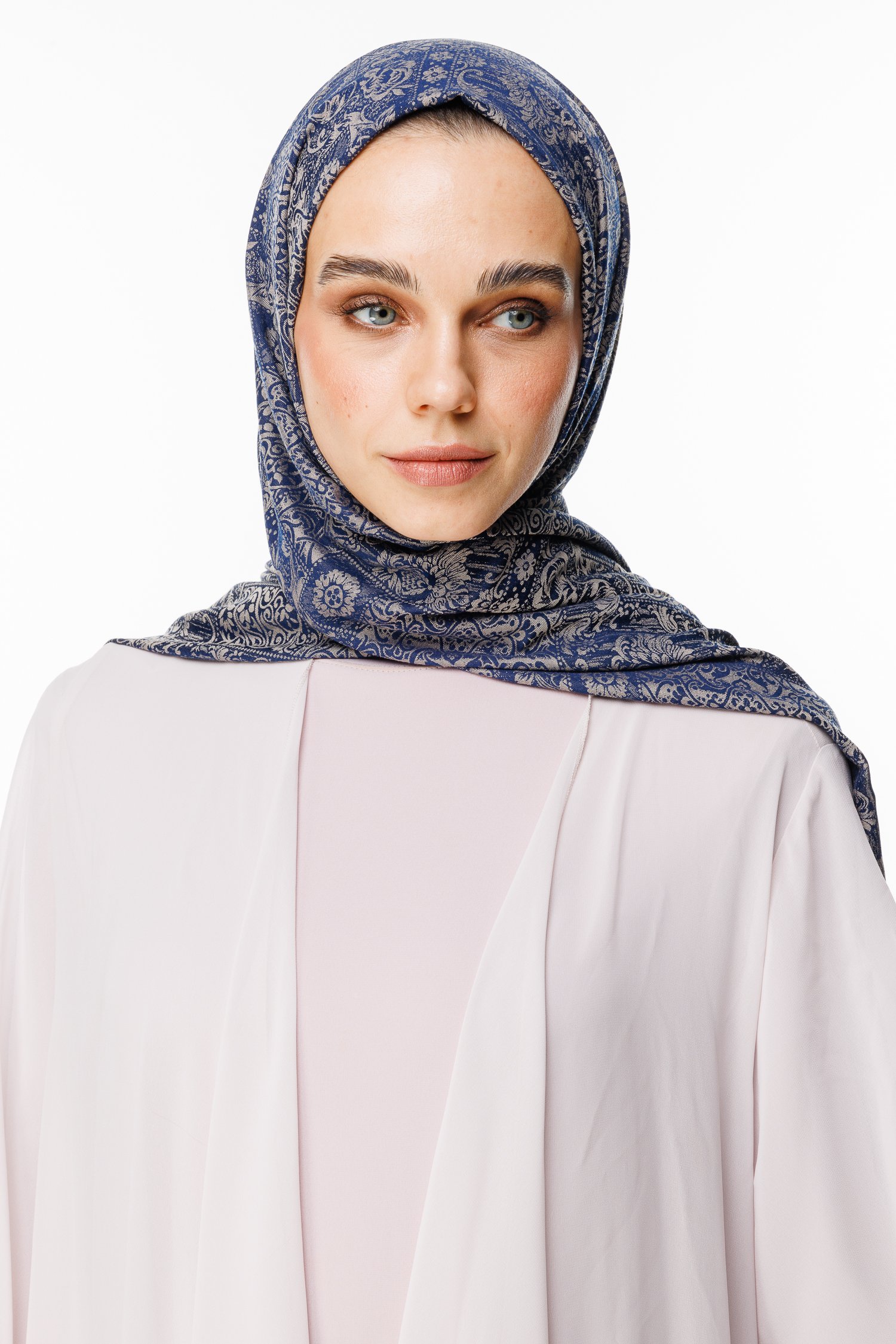 Henna Pattern Double-Sided Shawl - Navy Blue-Beige