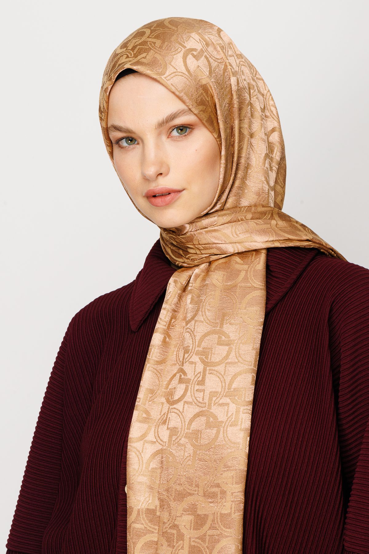 Longar Pattern Shiny Jacquard Shawl - Biscuit