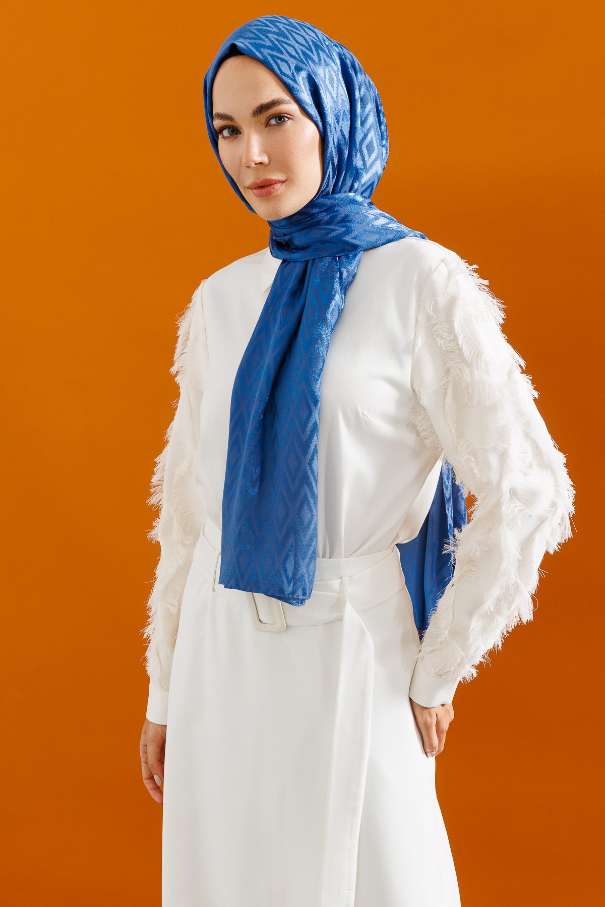 Karo Pattern Shiny Jacquard Shawl - İndigo