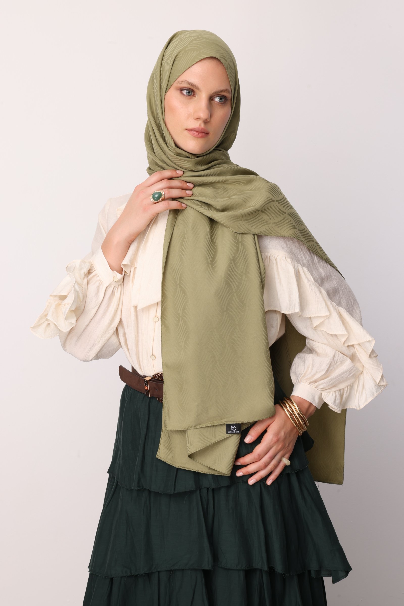 Aura Pattern Silk Jacquard Shawl - Soft Green