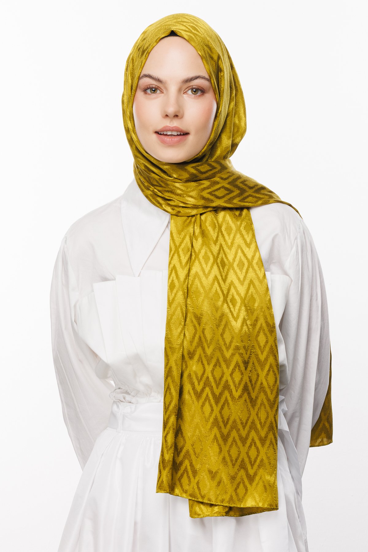 Karo Pattern Shiny Jacquard Shawl - Olive Green