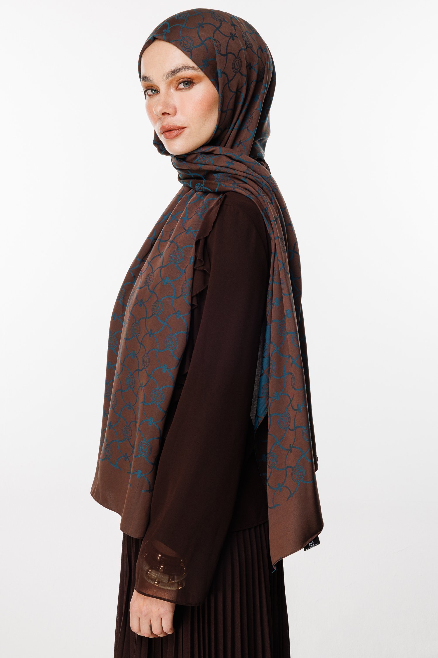 Marrakech Pattern Double-Sided Shawl - Bitter Coffee-Petroleum Blue