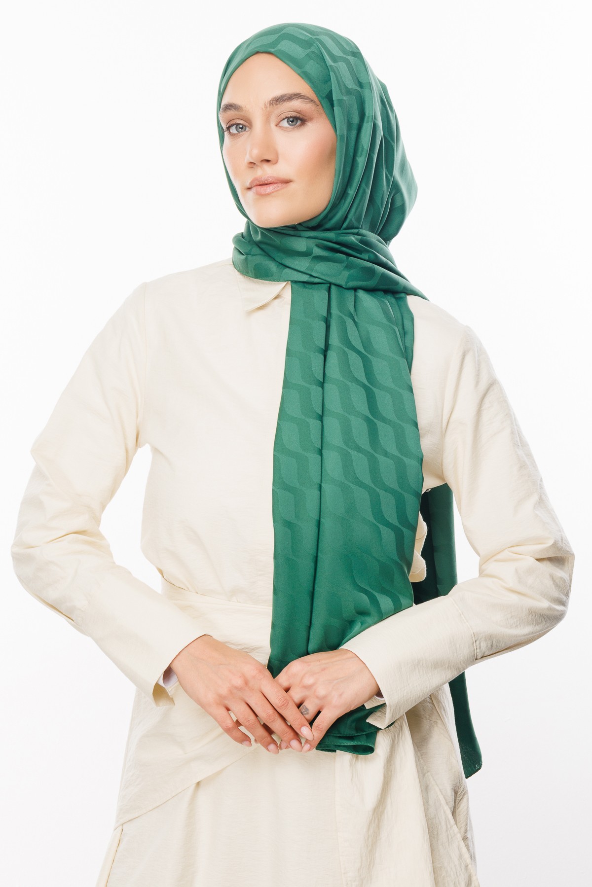 Wave Pattern Silky Jacquard Shawl - Jade