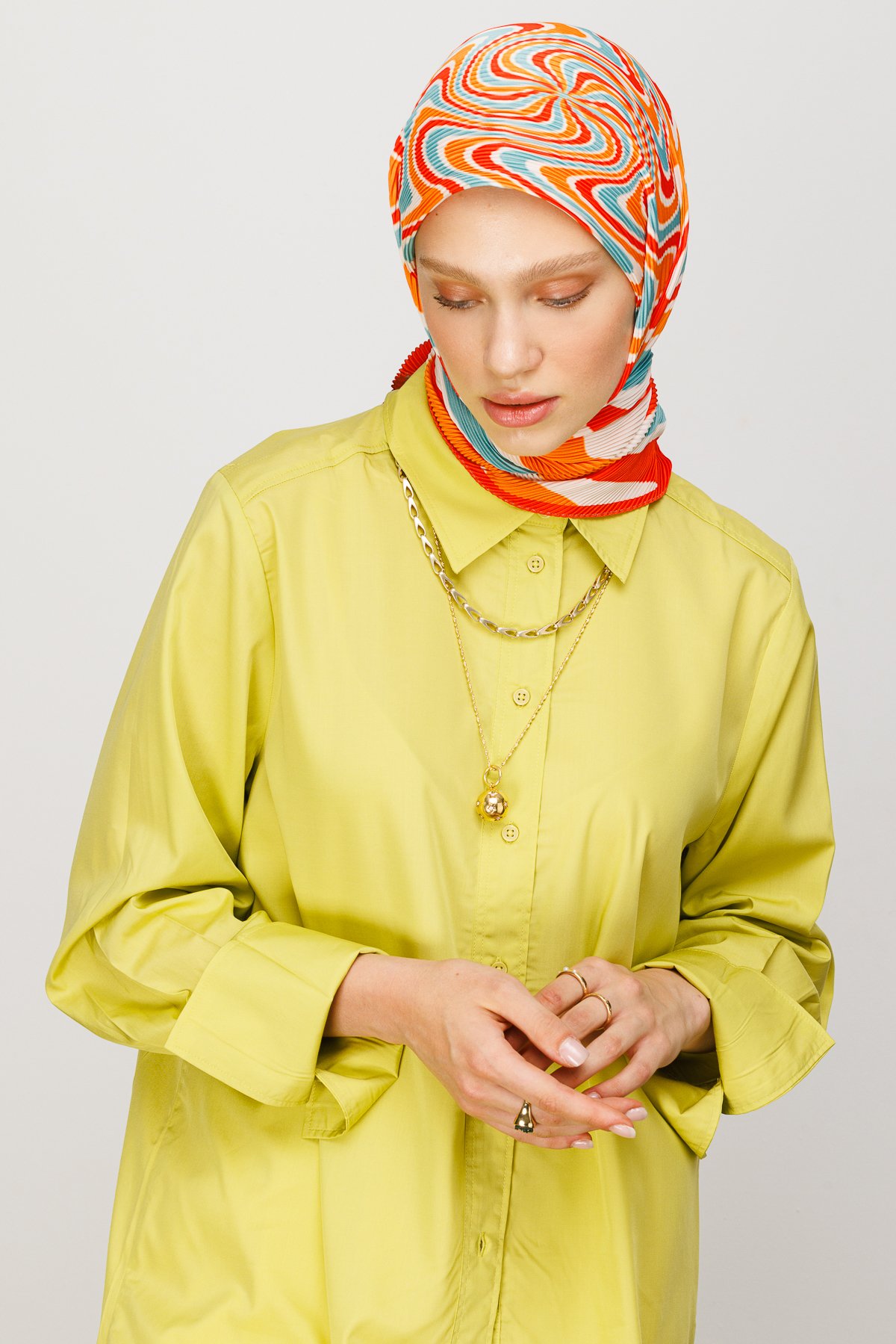 Mira Pattern Pleated Scarf - Turuncu
