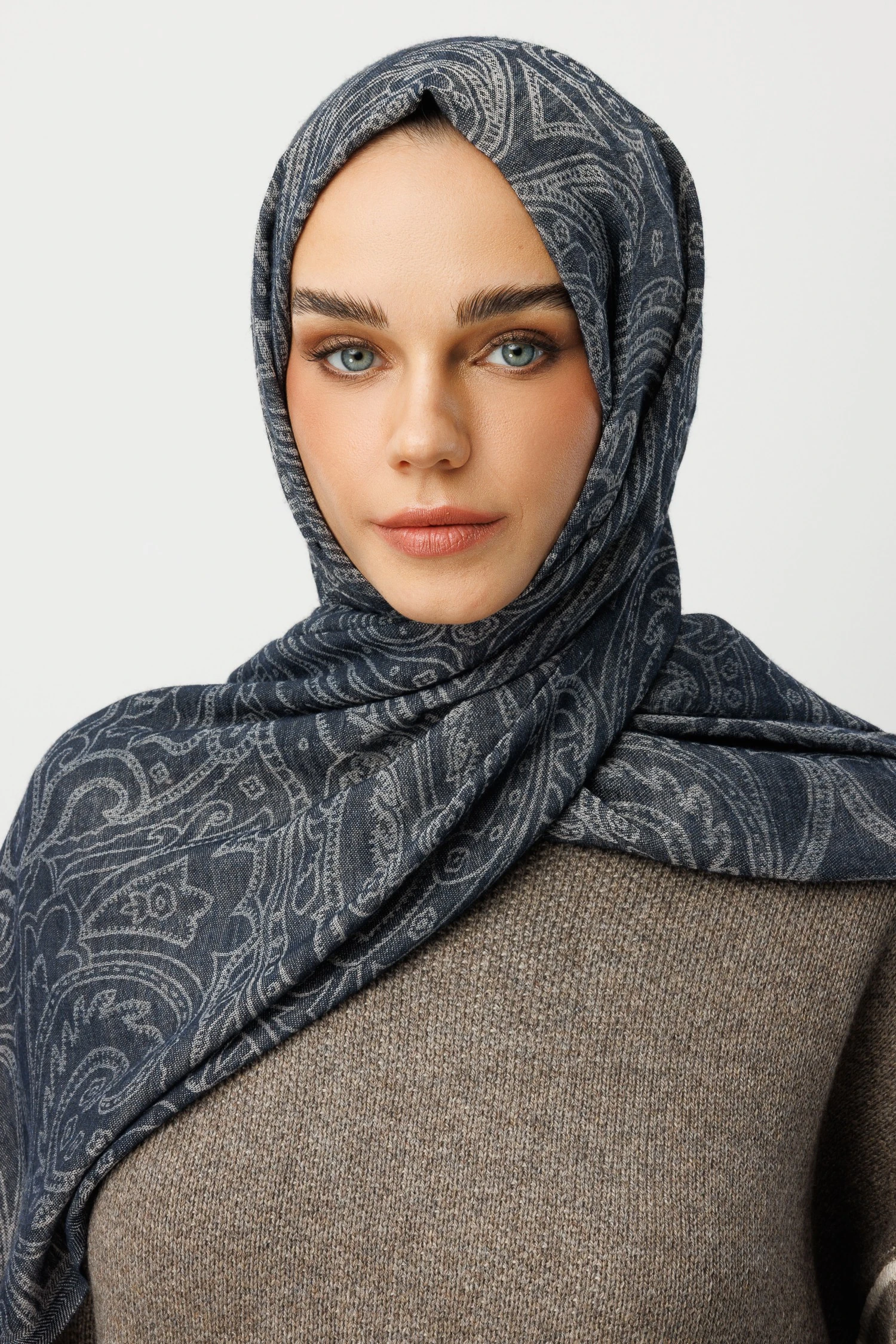 Rumi Desen Yün Kaşmir Şal - Navyblue